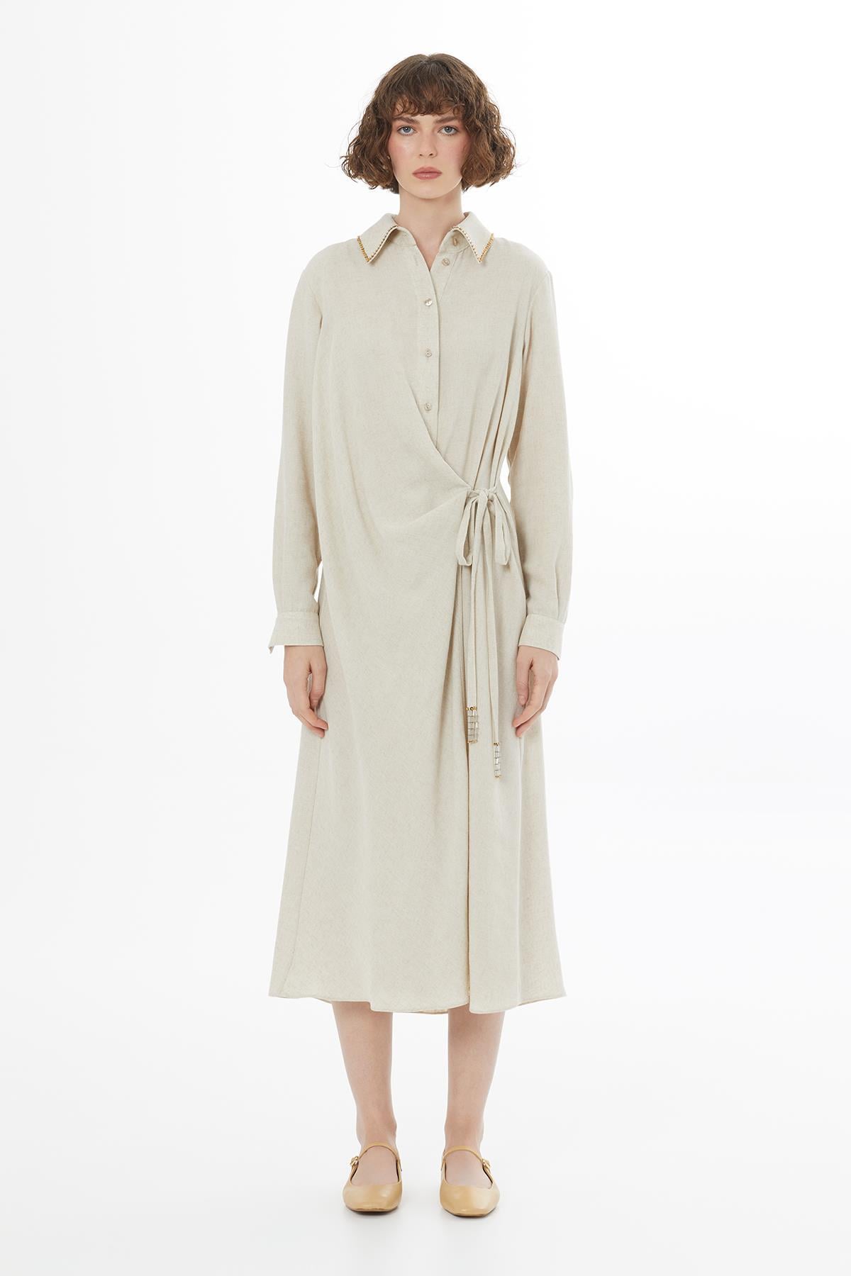 Beige Tie Detail Linen Midi Dress
