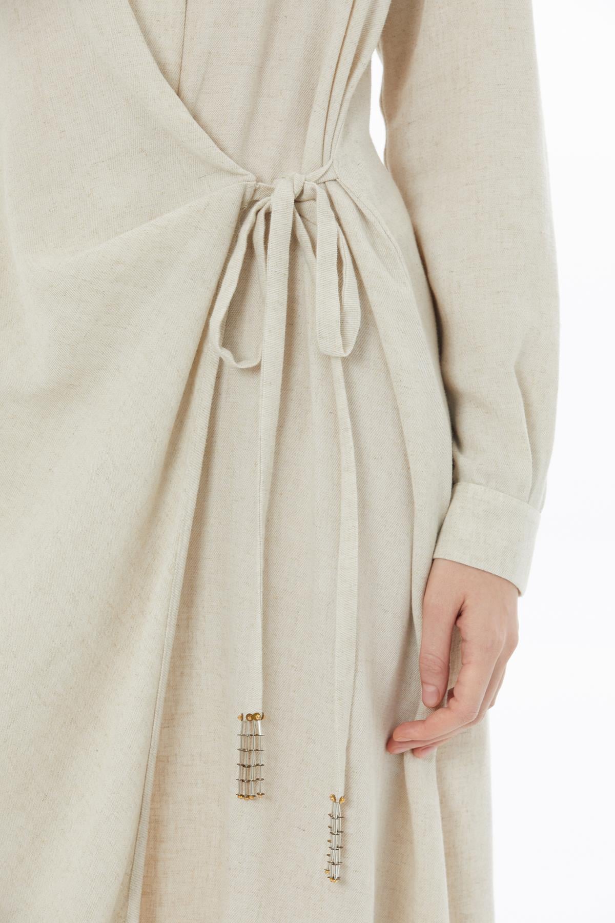 Beige Tie Detail Linen Midi Dress