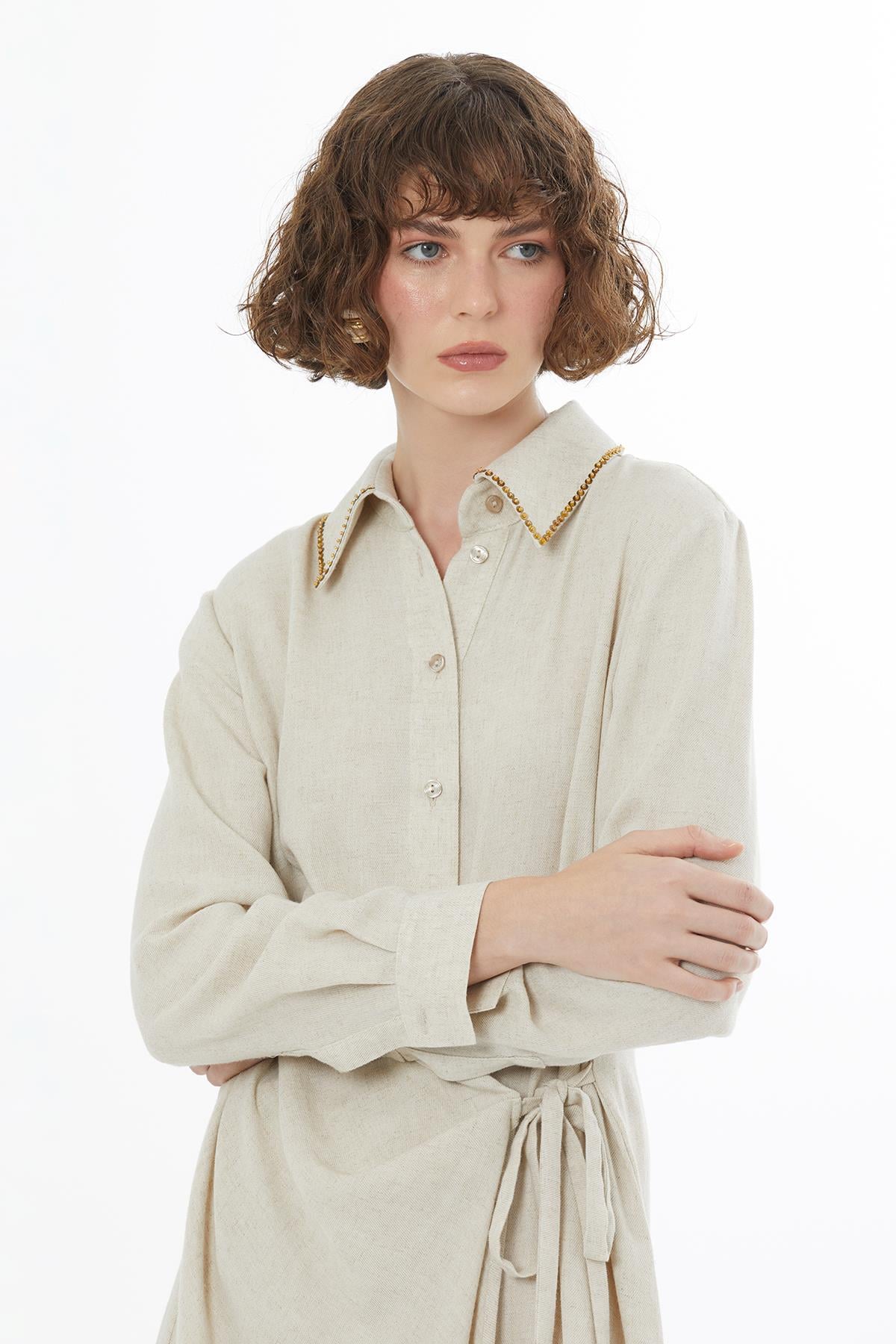 Beige Tie Detail Linen Midi Dress