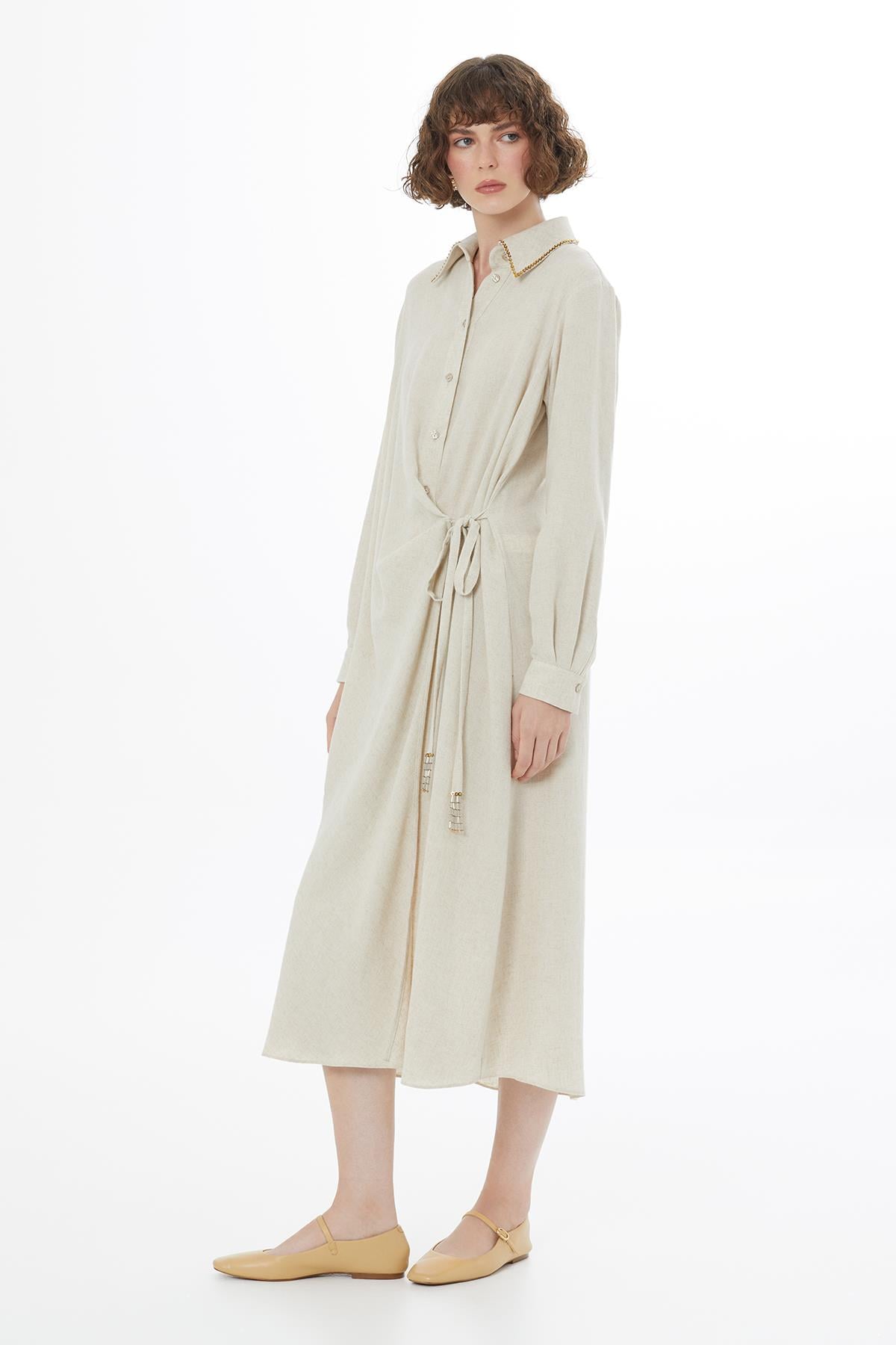 Beige Tie Detail Linen Midi Dress