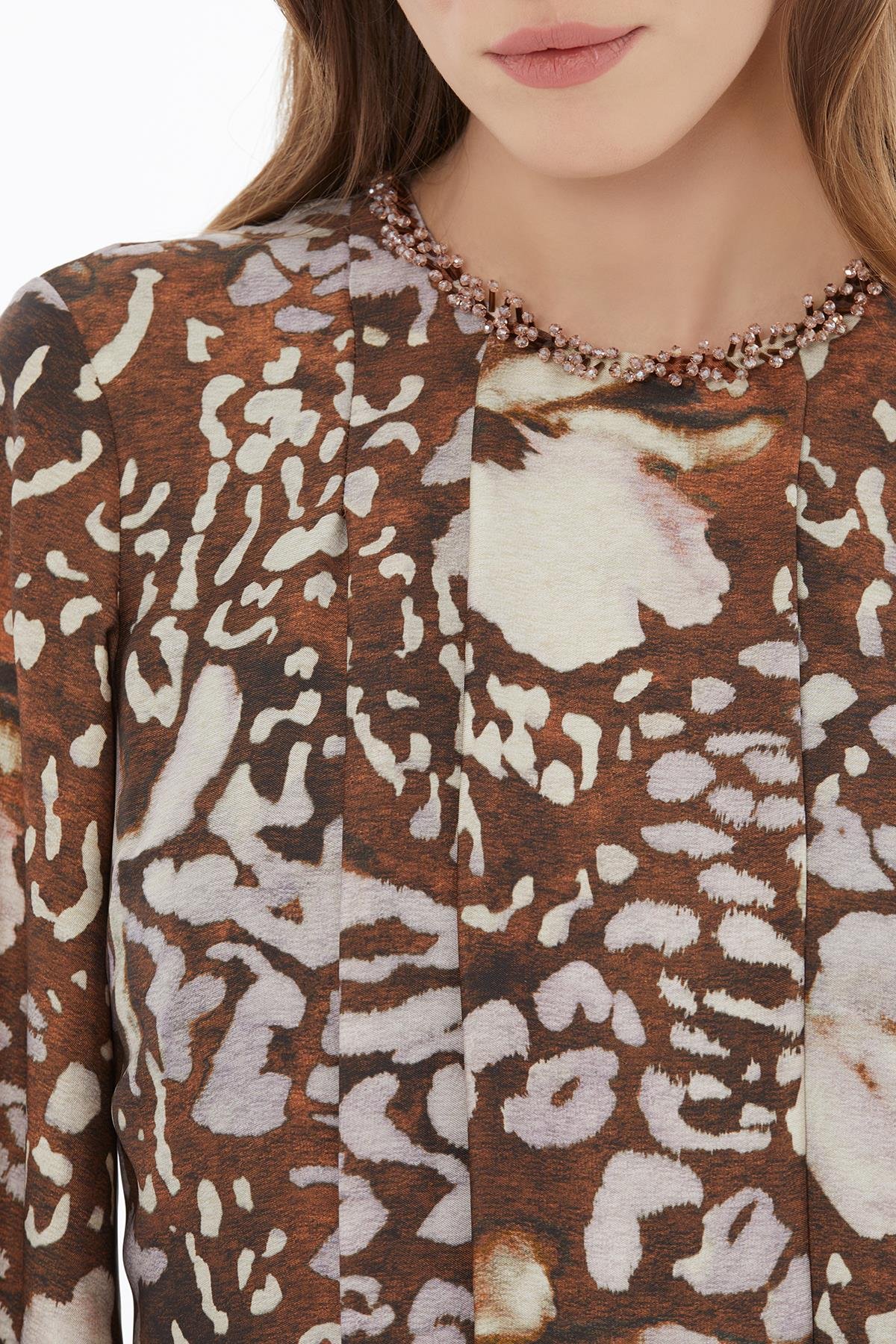 Balon Kollu Midi Desenli Elbise