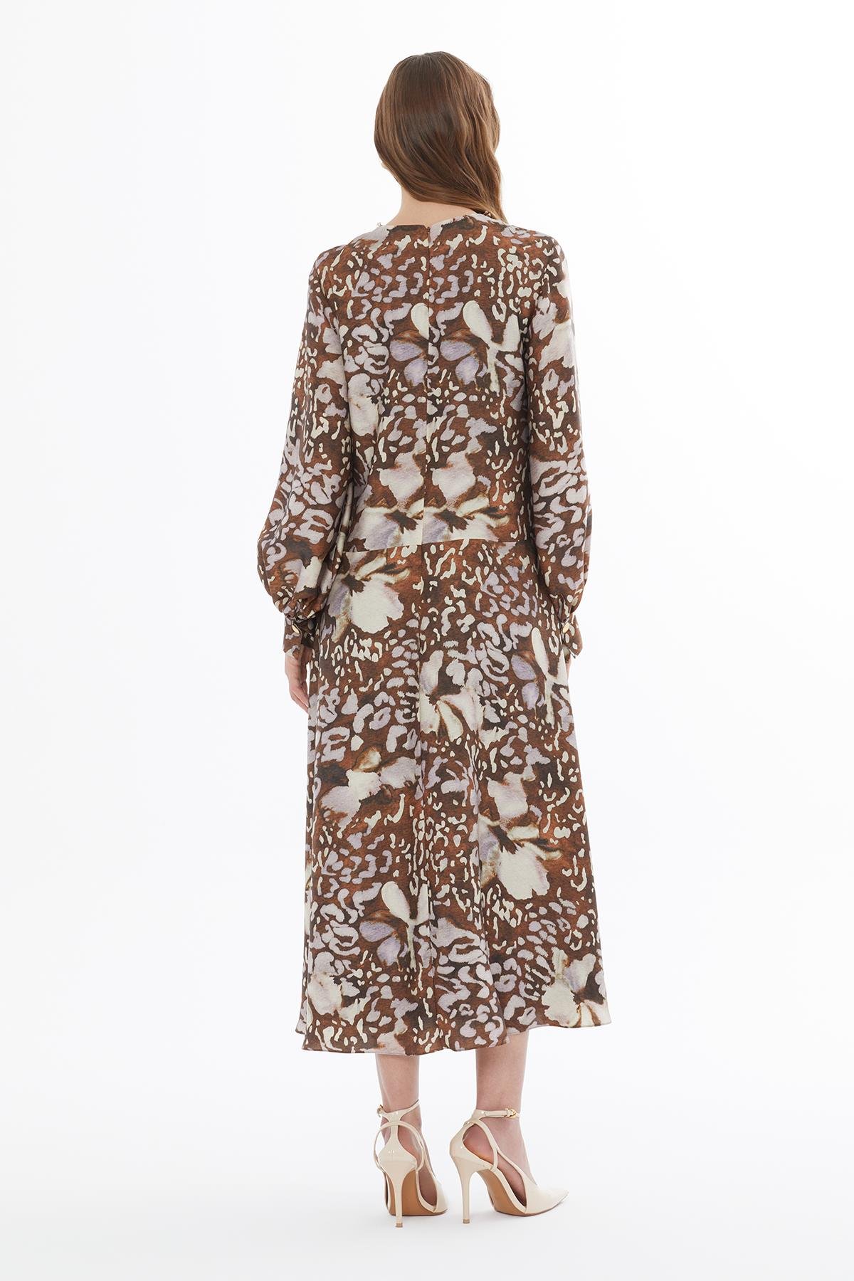 Balon Kollu Midi Desenli Elbise