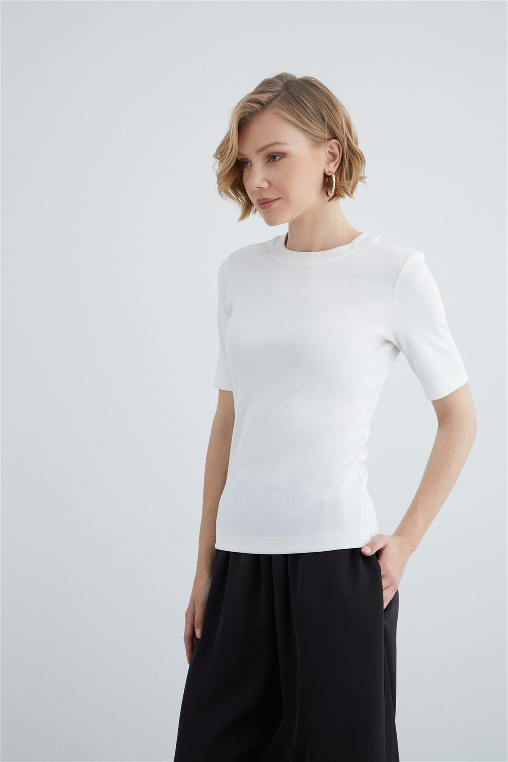 Basic Beige Short-Sleeved Biker Neck T-shirt