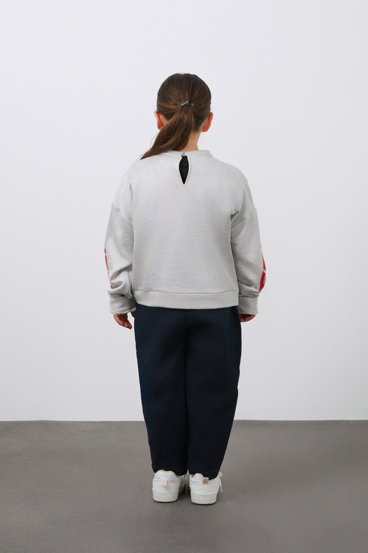 Baskı Detaylı Büzgülü Gri Kız Çocuk Sweatshirt
