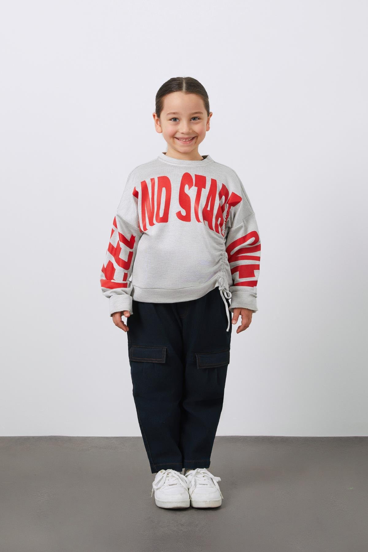 Baskı Detaylı Büzgülü Gri Kız Çocuk Sweatshirt