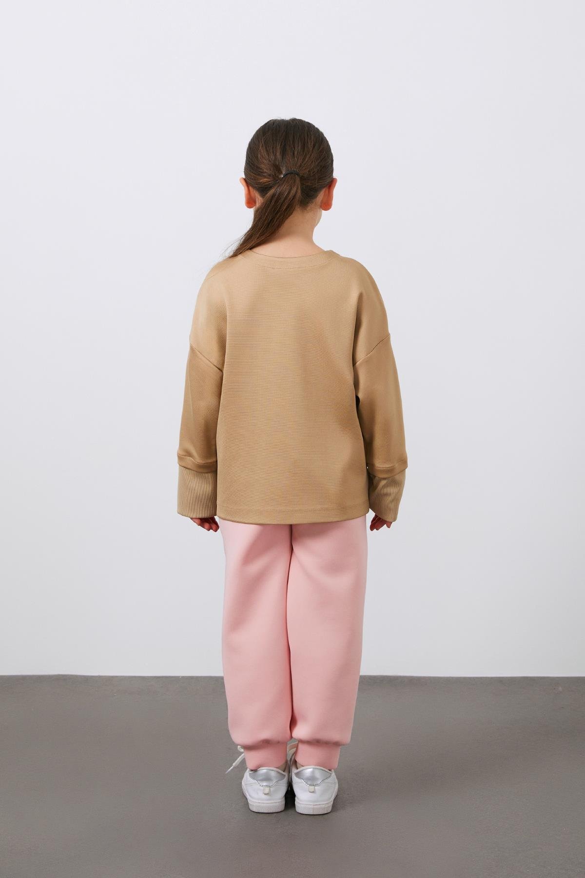 Baskı Detaylı Uzun Kollu Bej Kız Çocuk Sweatshirt