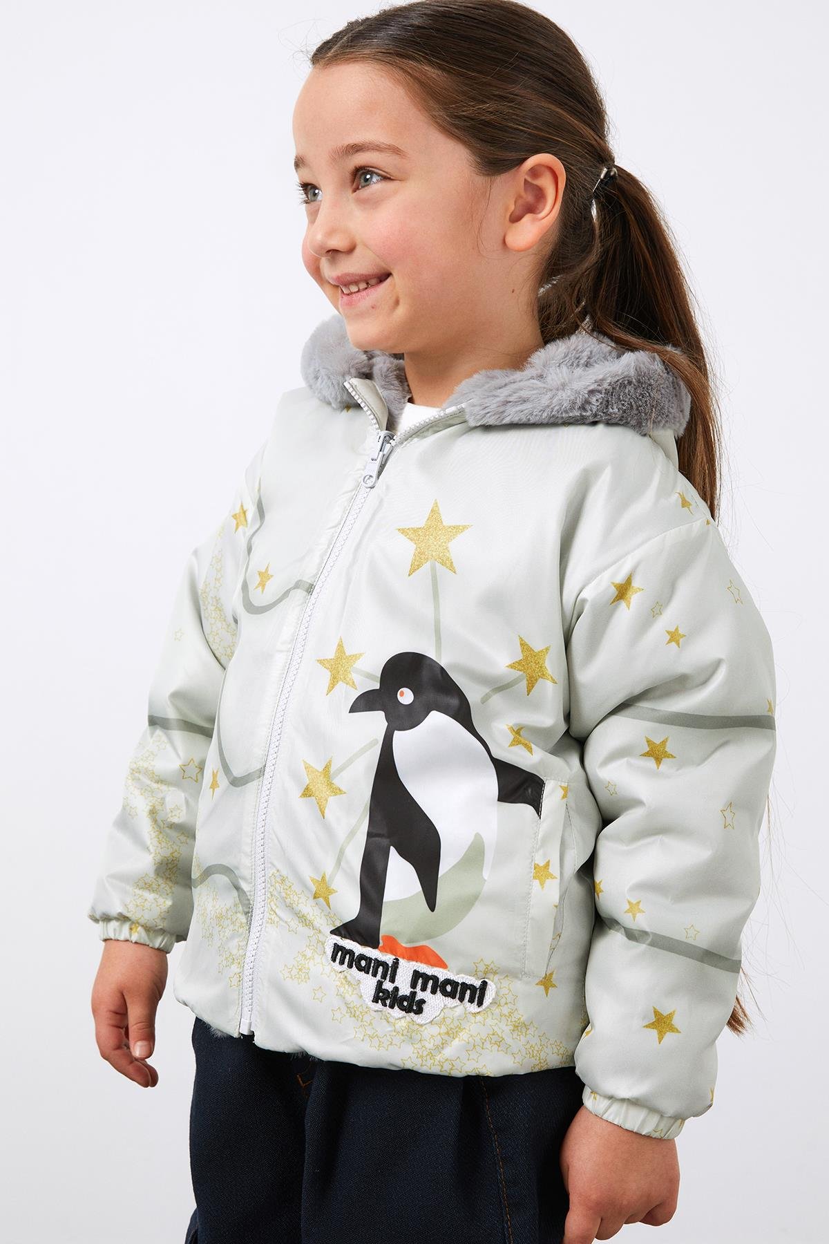 Print and Appliqué Detailed Double Sided Hooded Girls' Coat