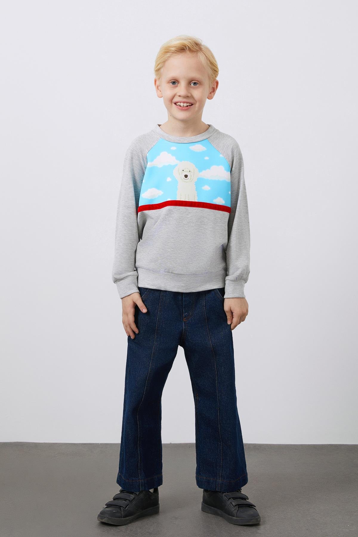 Baskı Ve Şerit Detalı Gri Sweatshirt