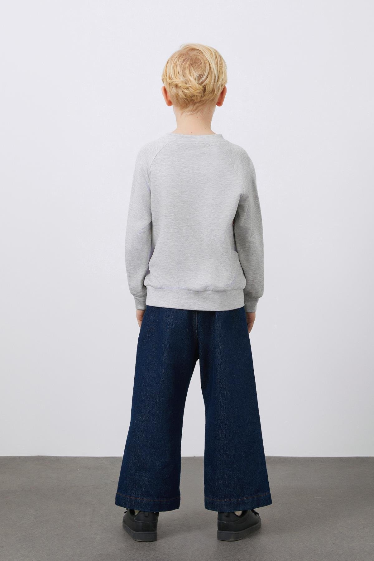 Baskı Ve Şerit Detalı Gri Sweatshirt