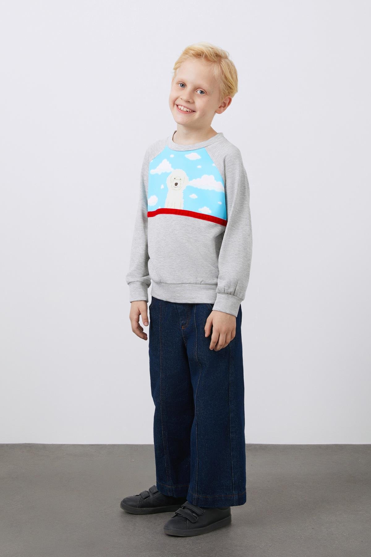 Baskı Ve Şerit Detalı Gri Sweatshirt
