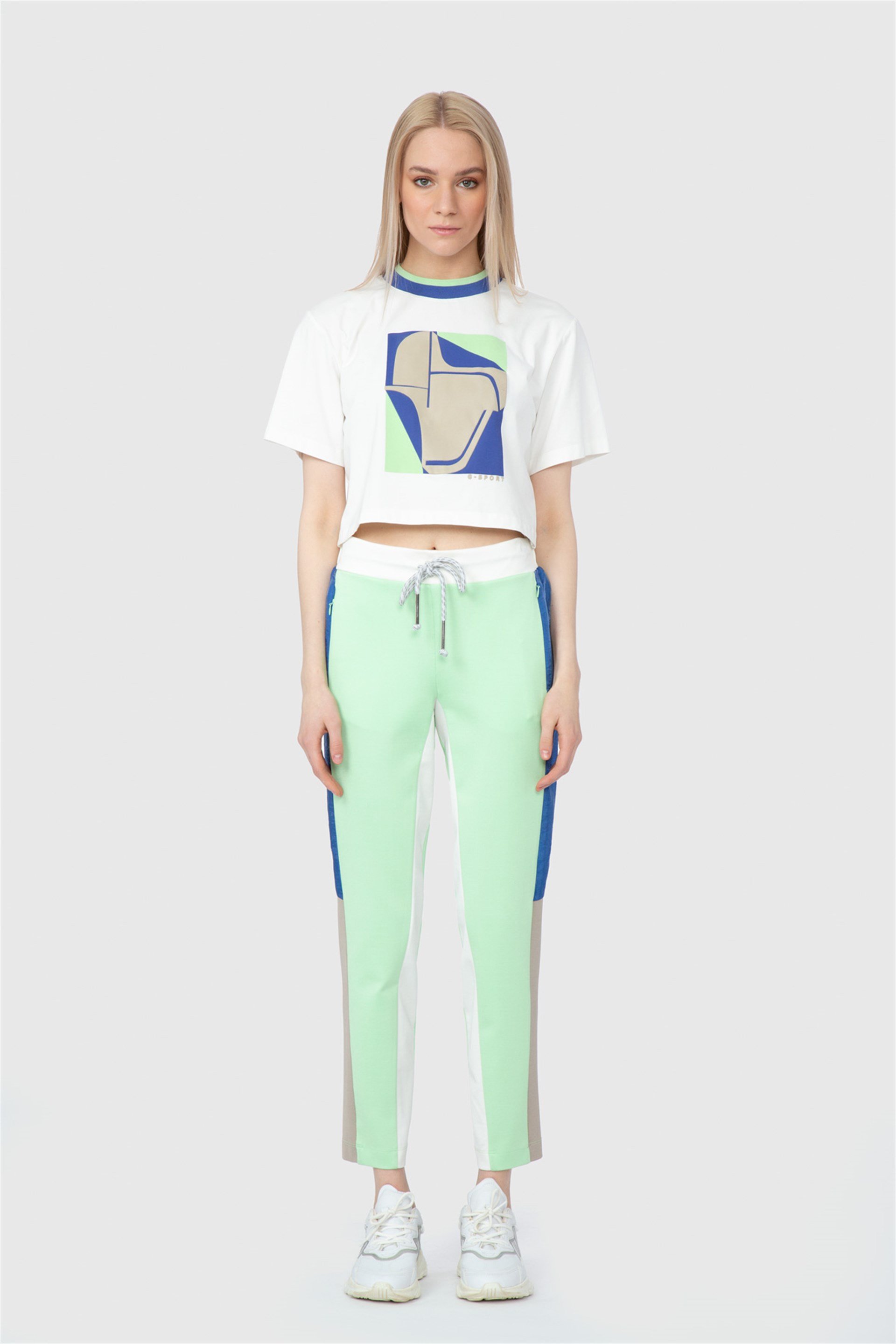 Baskılı Triko Bant Detaylı Crop Ekru Tshirt