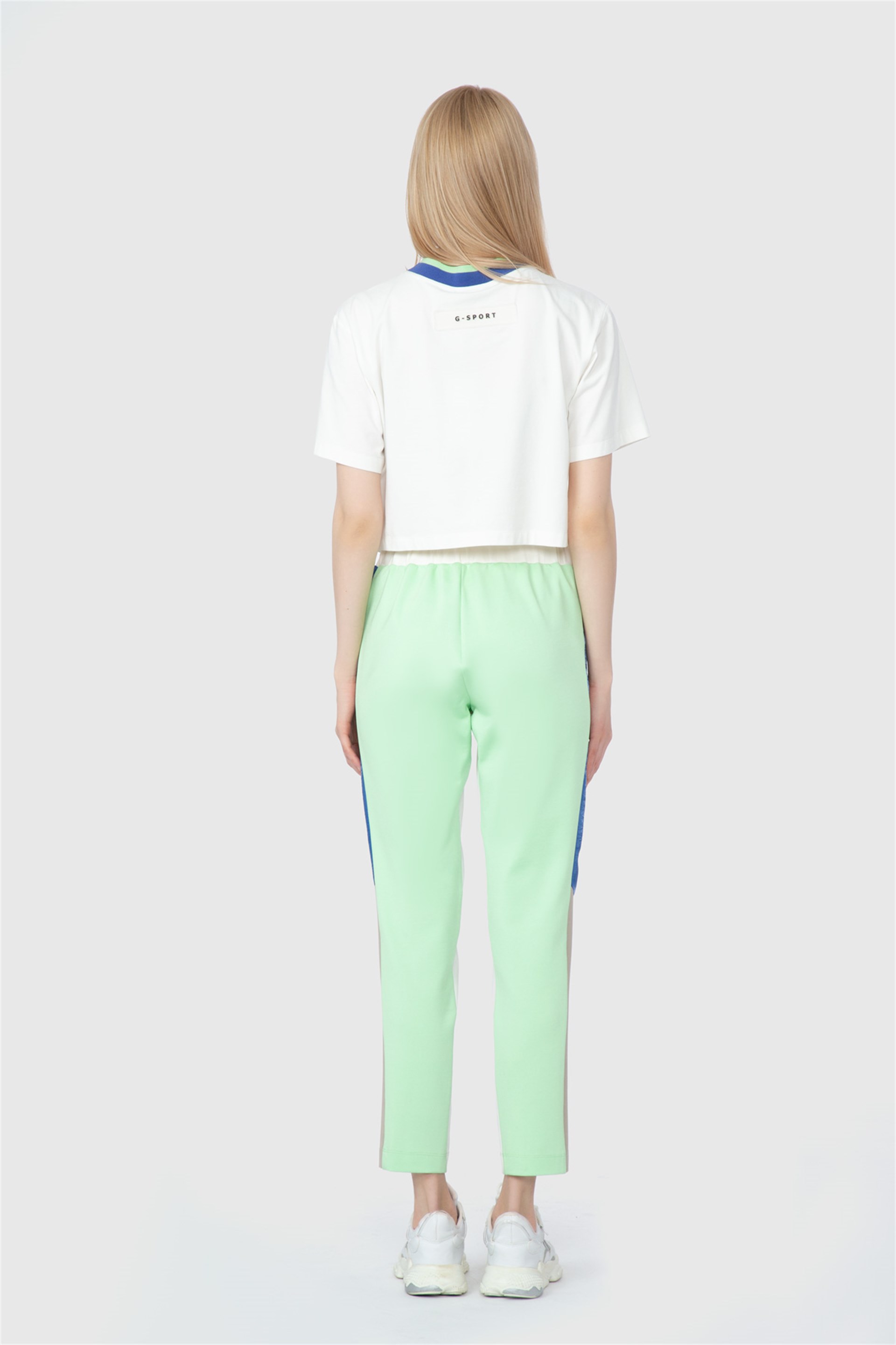 Baskılı Triko Bant Detaylı Crop Ekru Tshirt
