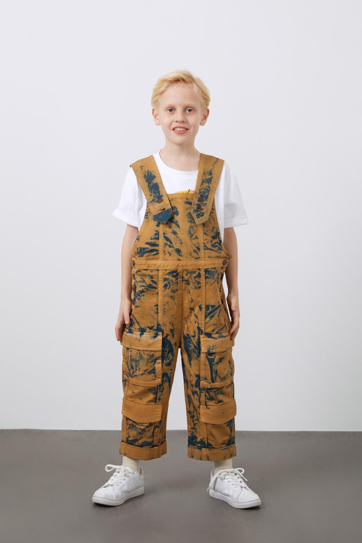 Tie-dye Washed Pocket Detailed Navy Blue Boys' Jumpsuit