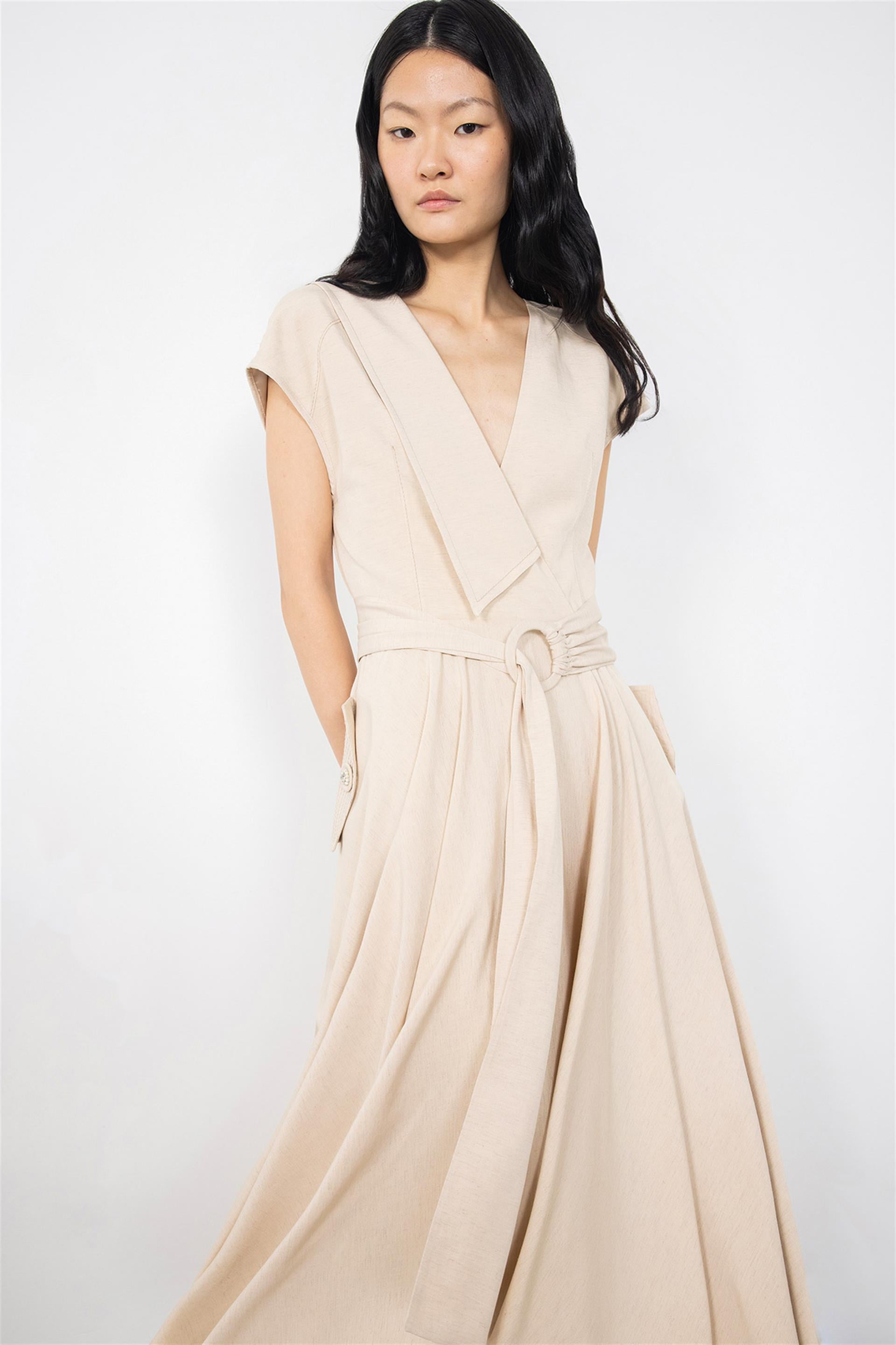 Beige Dress With Asymmetric Collar With Embroidered Button Detail