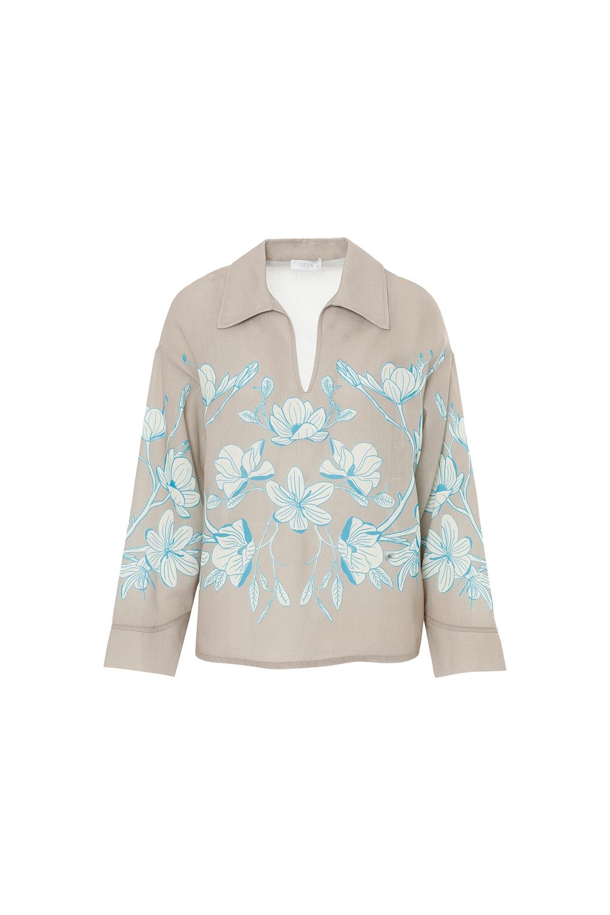 Beige Long Sleeve V-Neck Blouse With Printed Design