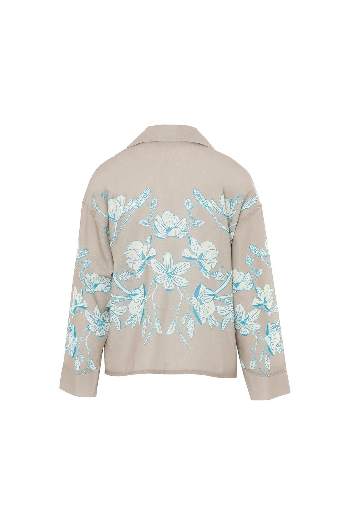 Beige Long Sleeve V-Neck Blouse With Printed Design