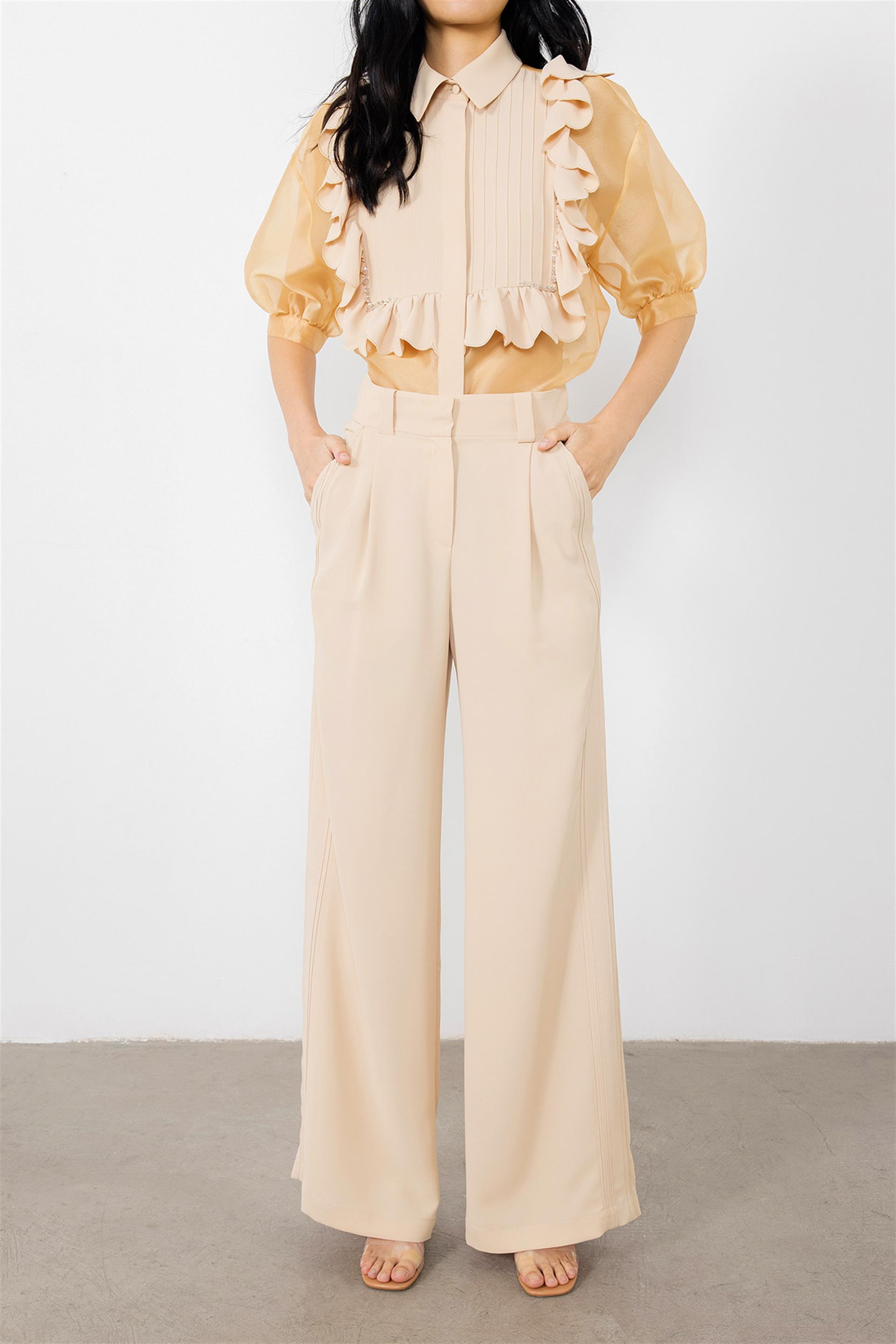 Nervürlü Önleri Pilili Bej Pantolon