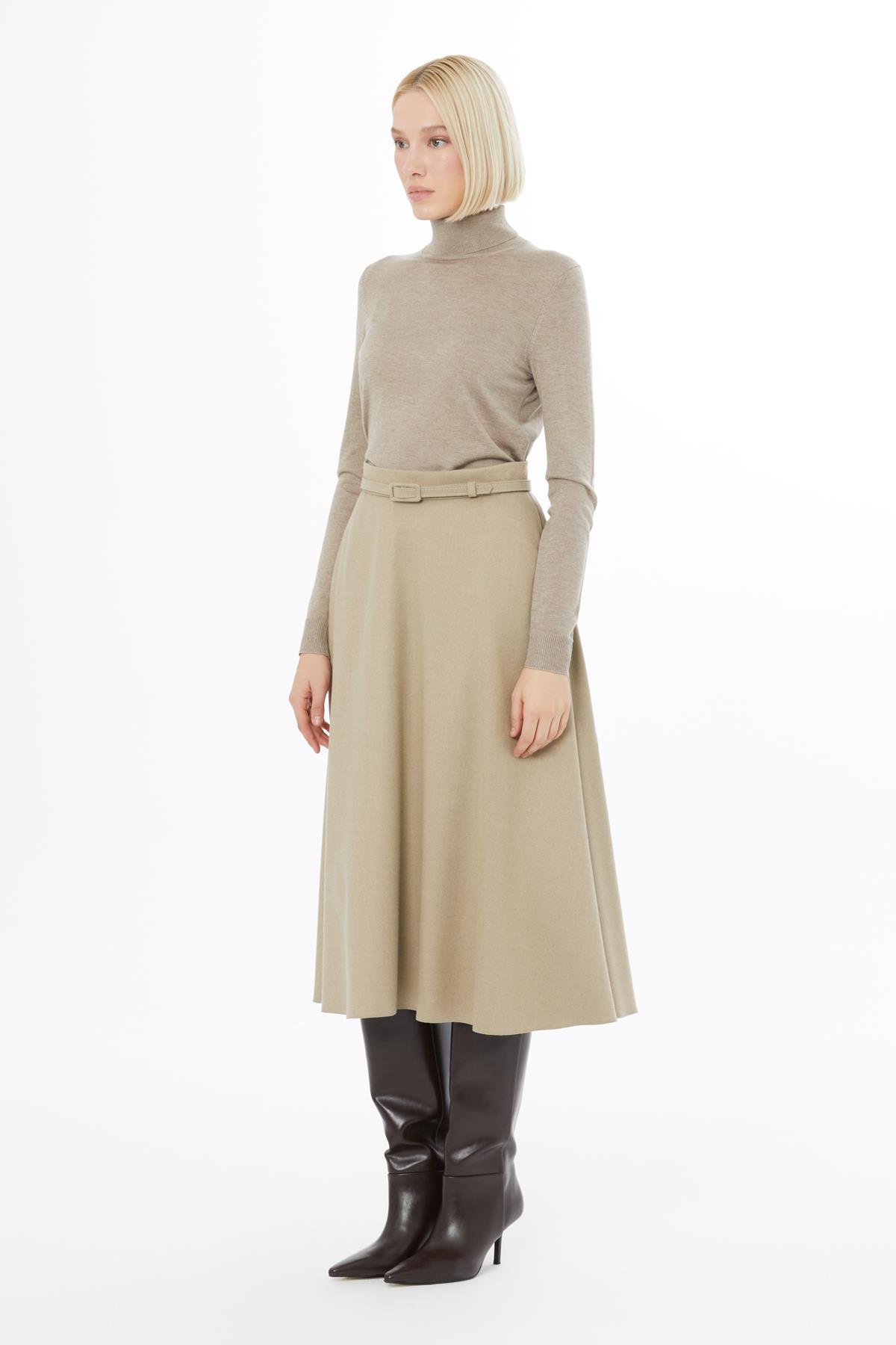 Bej Kemerli Yüksek Bel Midi Etek