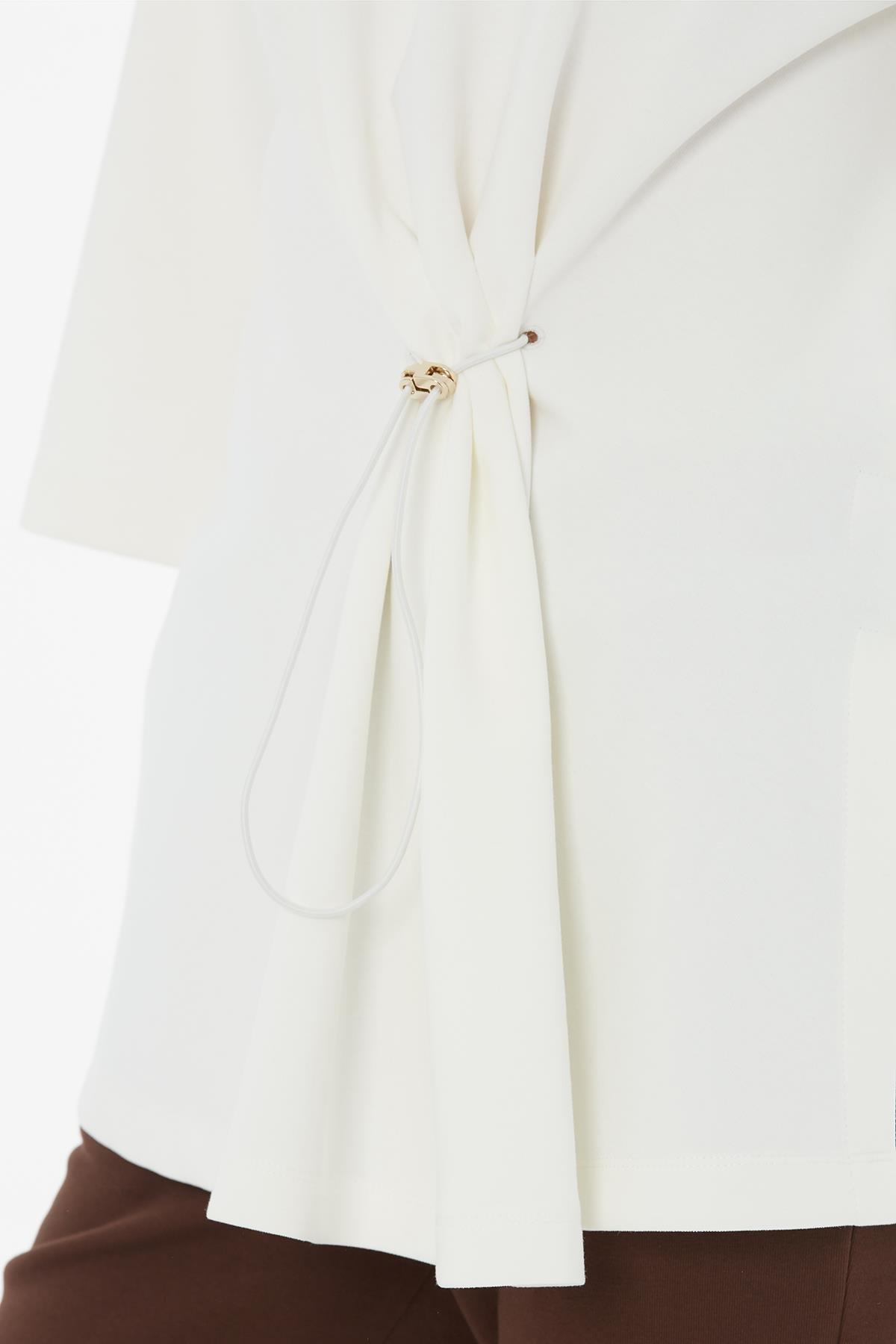 Ecru Blouse with Drawstring Waist and 3/4 Sleeves