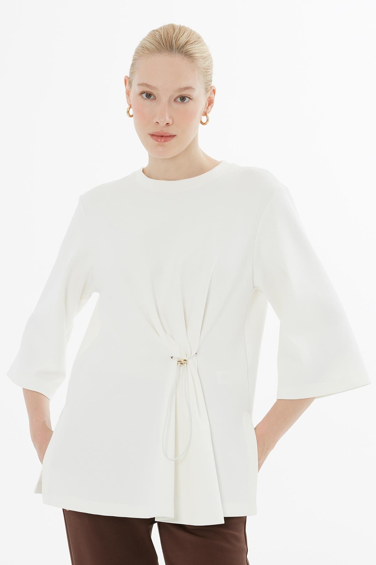 Ecru Blouse with Drawstring Waist and 3/4 Sleeves