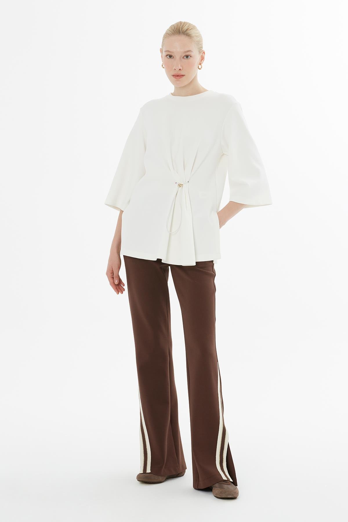 Ecru Blouse with Drawstring Waist and 3/4 Sleeves