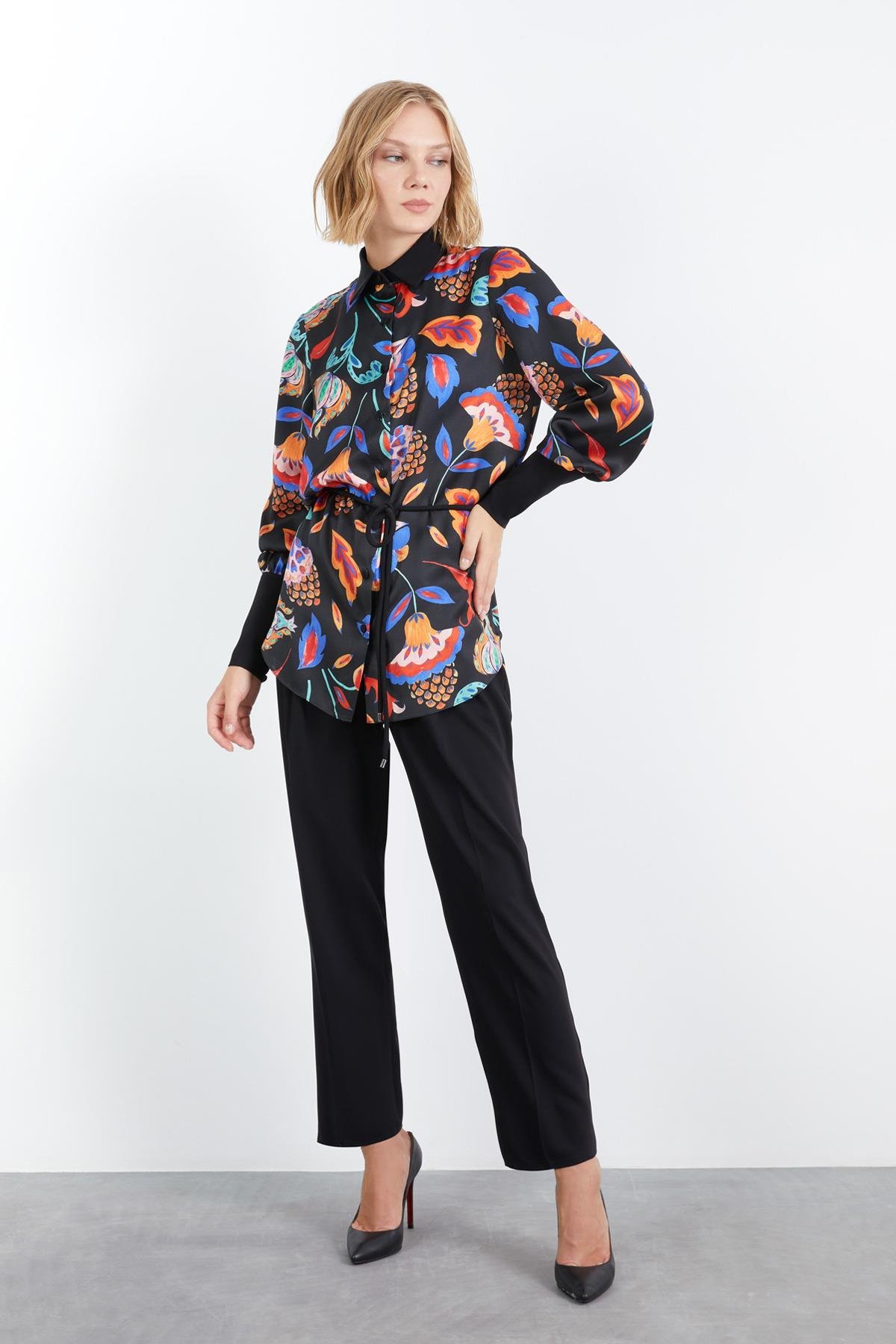 Belted Patterned Long Sleeve Black Blouse