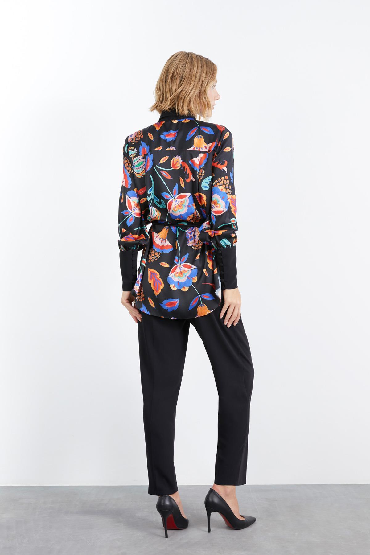 Belted Patterned Long Sleeve Black Blouse