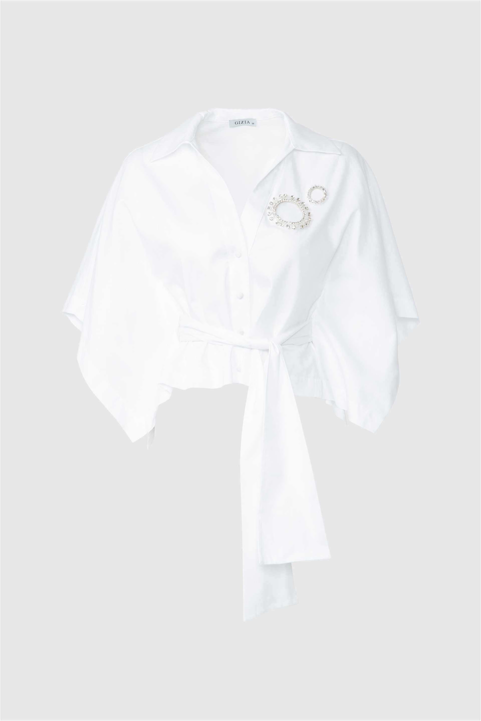 Waist Belted Bat Sleeve Crop Length White Shirt