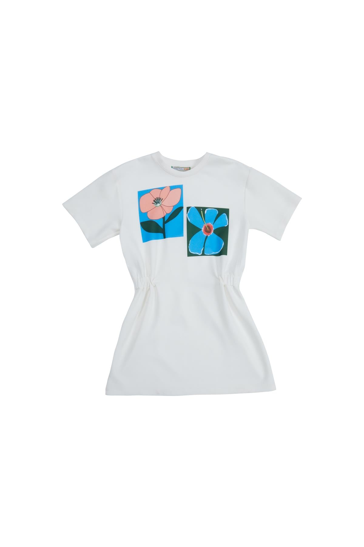 Off-White Dress With Printed Design, Elastic Waist, And Half Sleeves