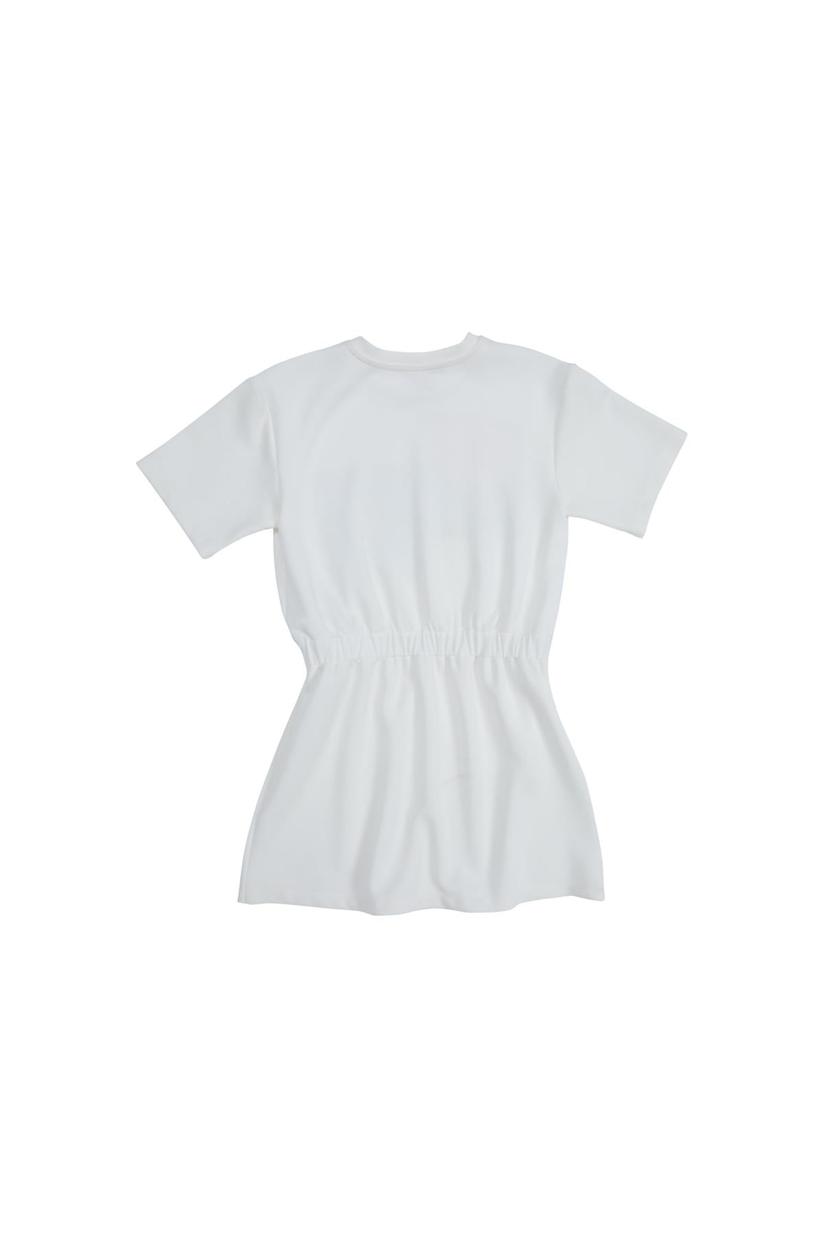Off-White Dress With Printed Design, Elastic Waist, And Half Sleeves