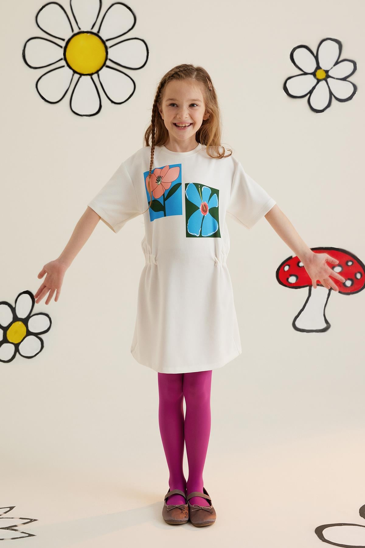 Off-White Dress With Printed Design, Elastic Waist, And Half Sleeves