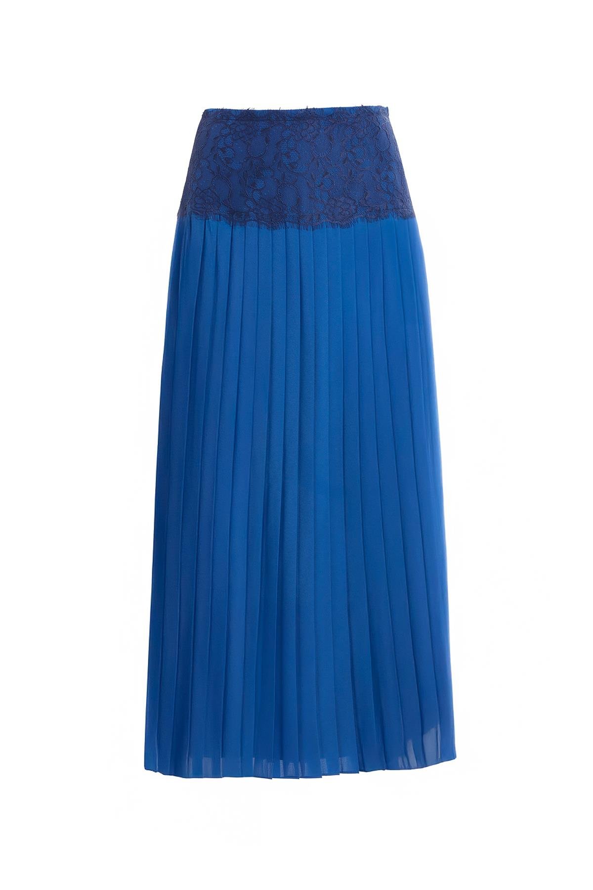 Beli Danetl Detaylı Fermuarlı Altı Pileli Yeşil Etek