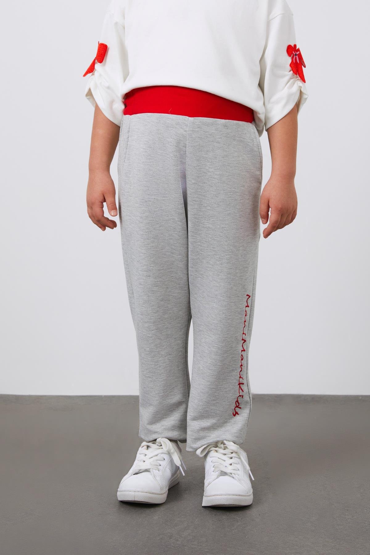 Beli Kırmızı Lastik Detaylı Gri Kız Çocuk Eşofman Altı