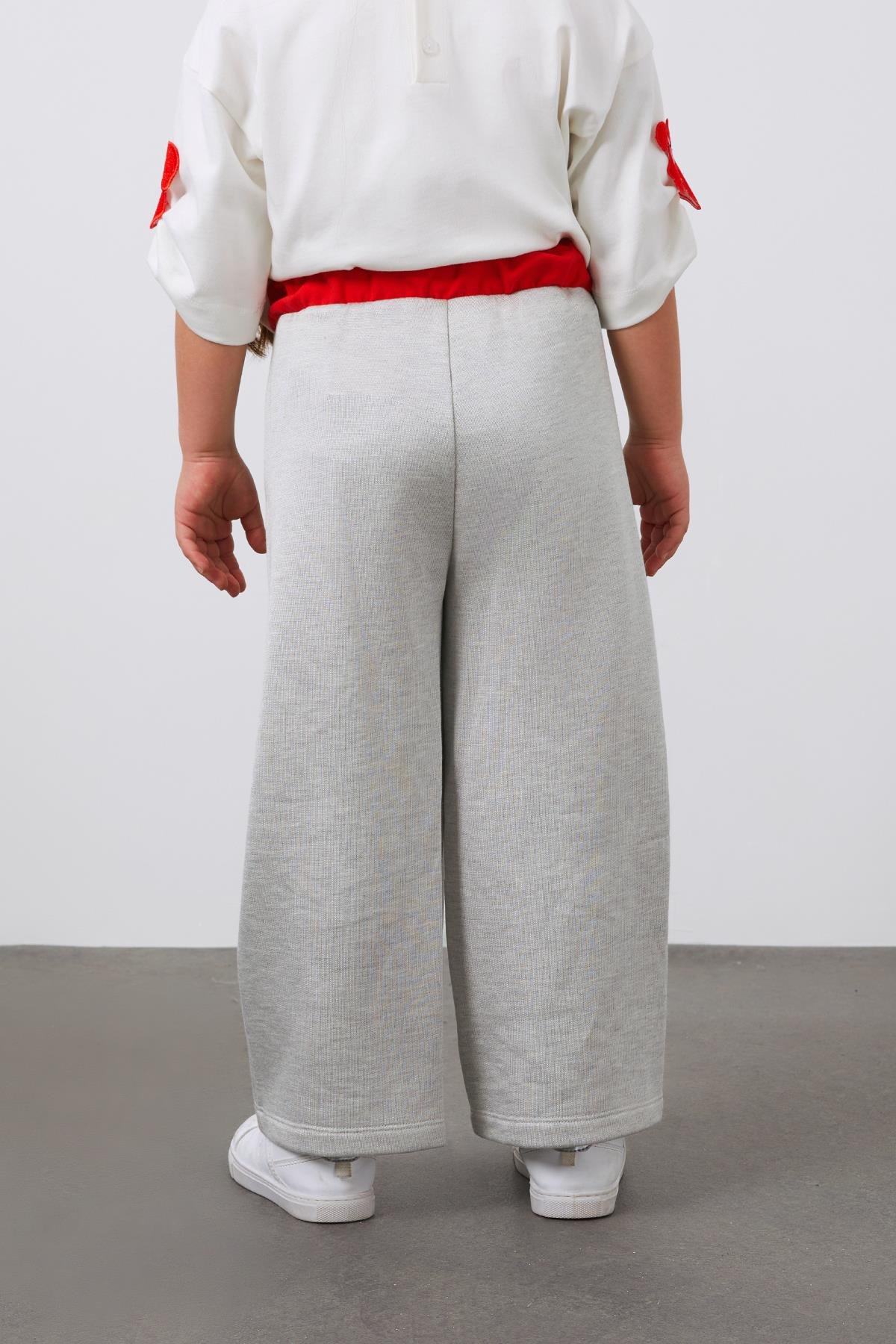 Beli Kırmızı Lastik Detaylı Gri Kız Çocuk Pantolon