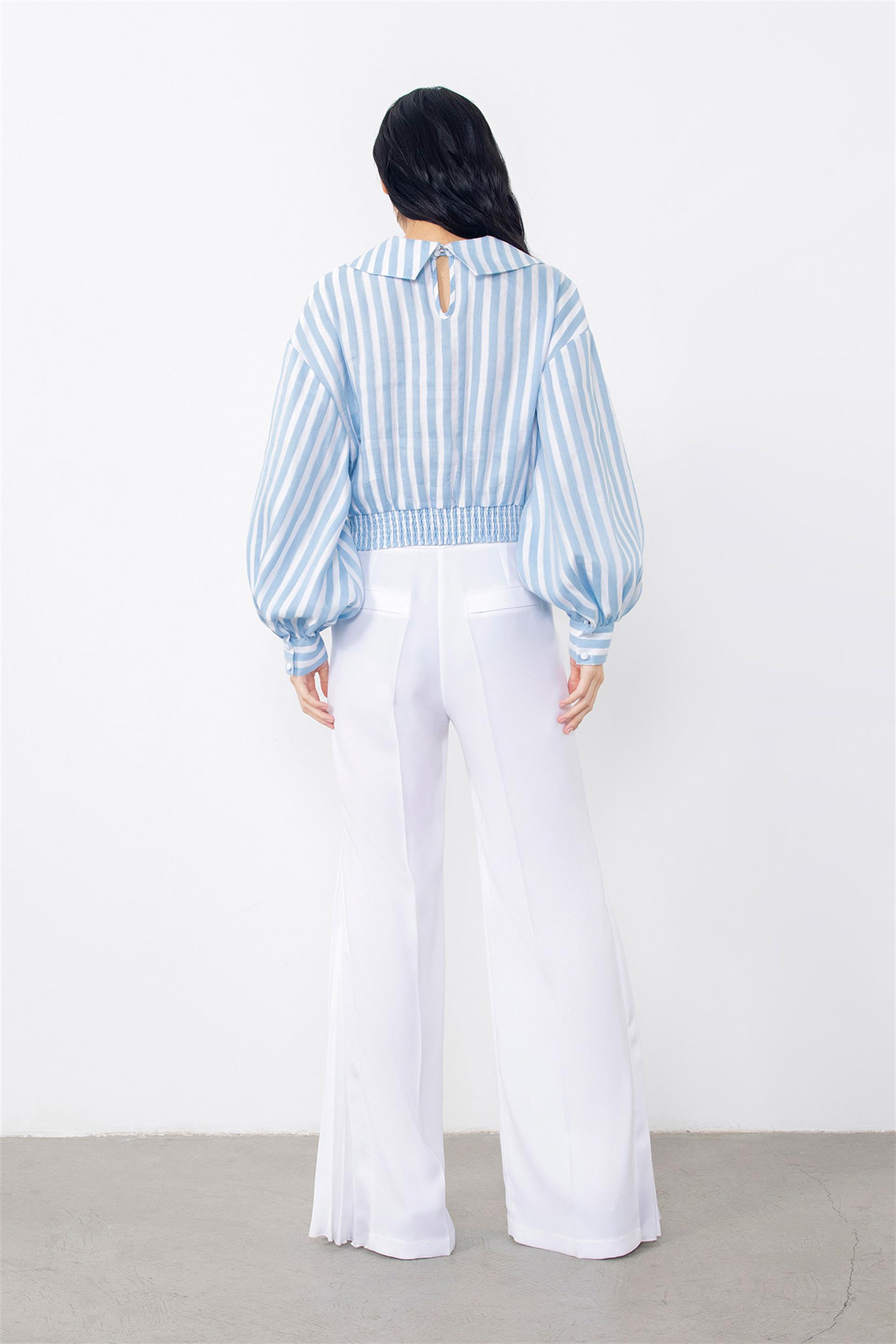 Beli Lastikli Şal Yaka Mavi Bluz