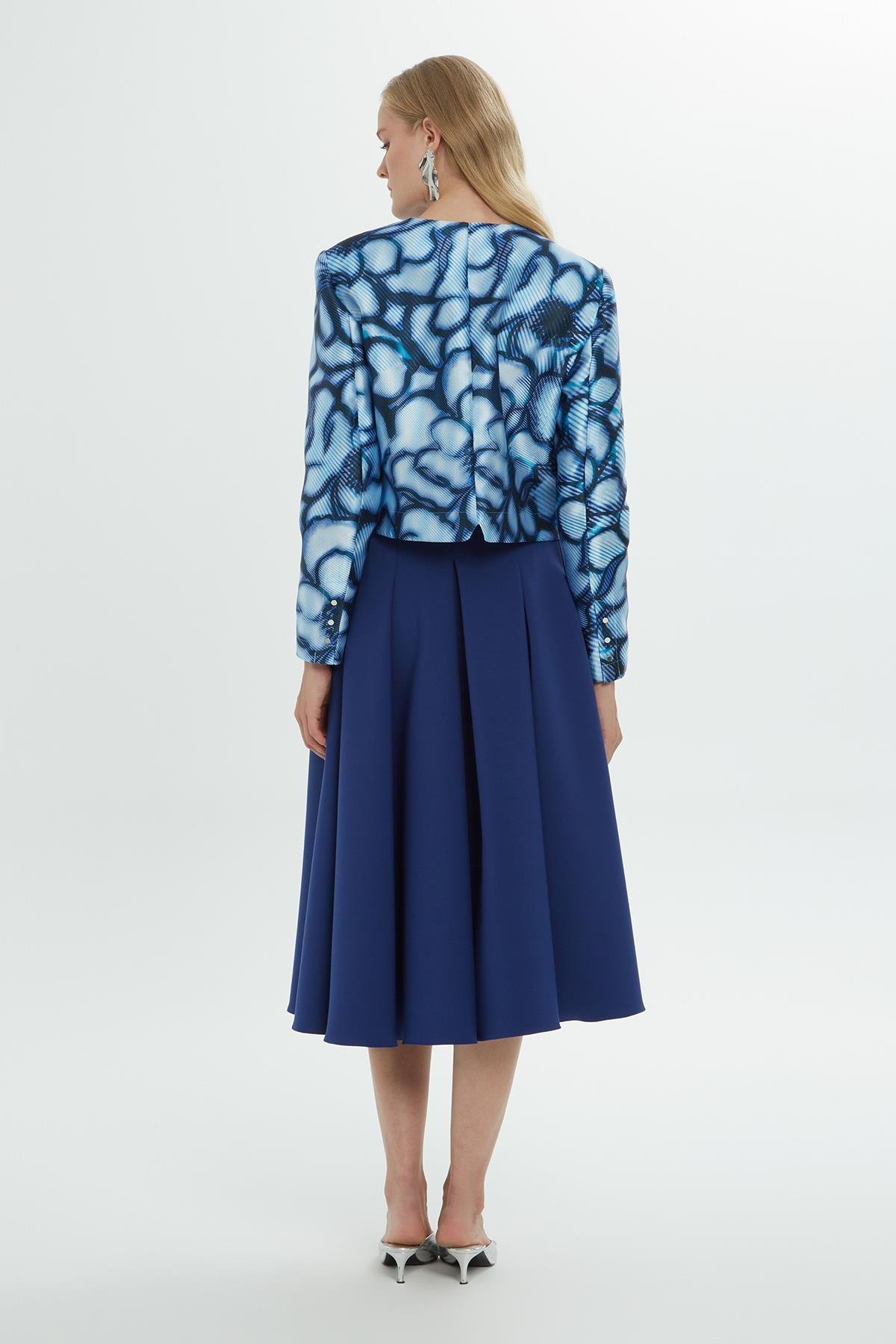 Bisiklet Yaka Mavi Desenli Kısa Ceket