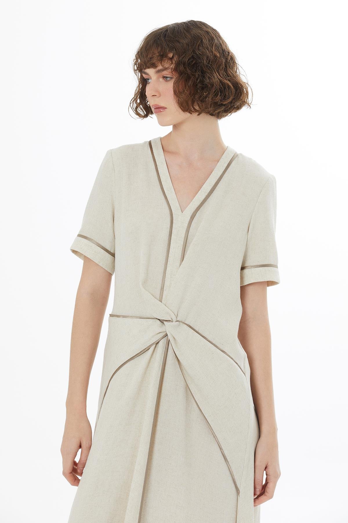 Beige Piped Detail Linen Maxi Dress