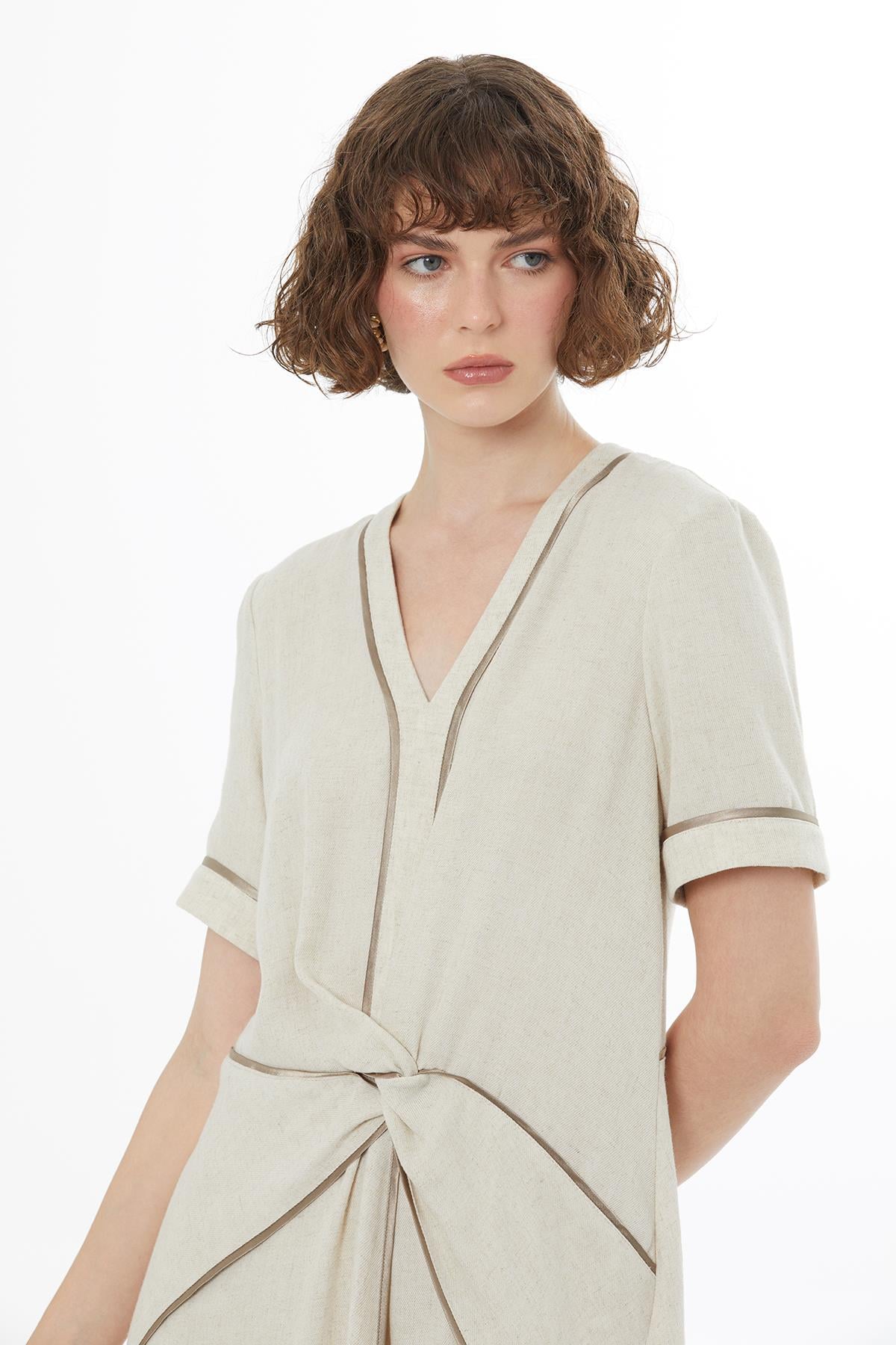 Beige Piped Detail Linen Maxi Dress