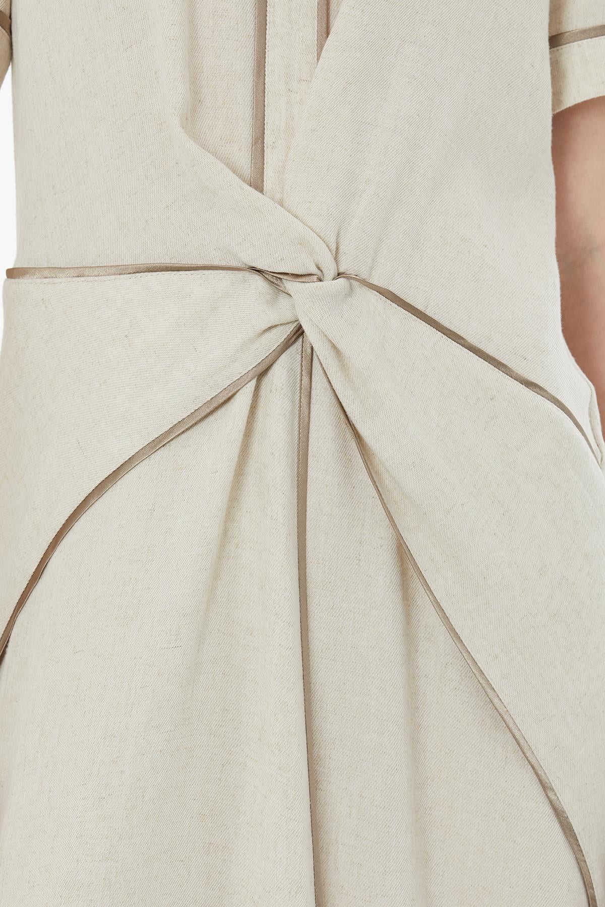 Beige Piped Detail Linen Maxi Dress