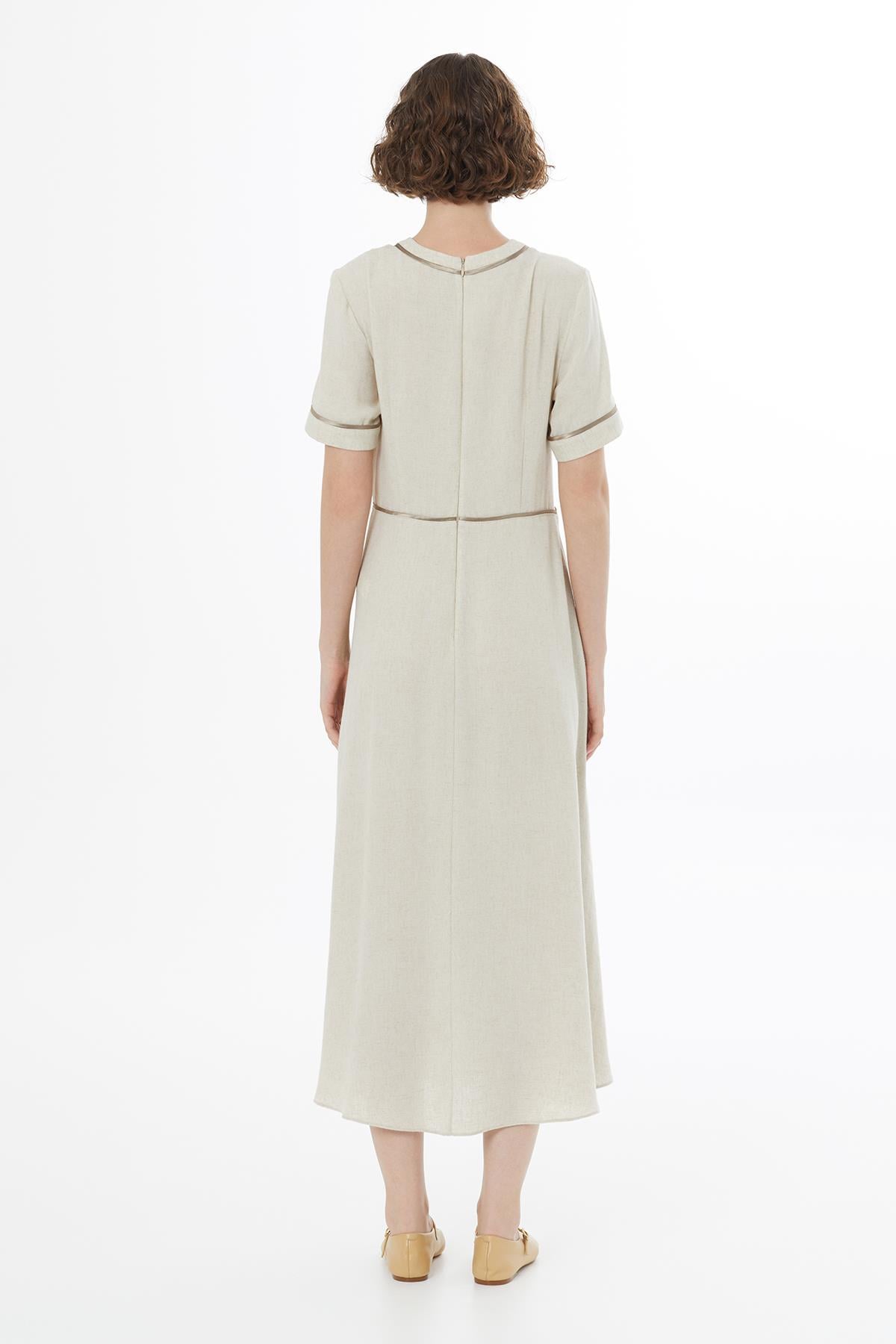Beige Piped Detail Linen Maxi Dress