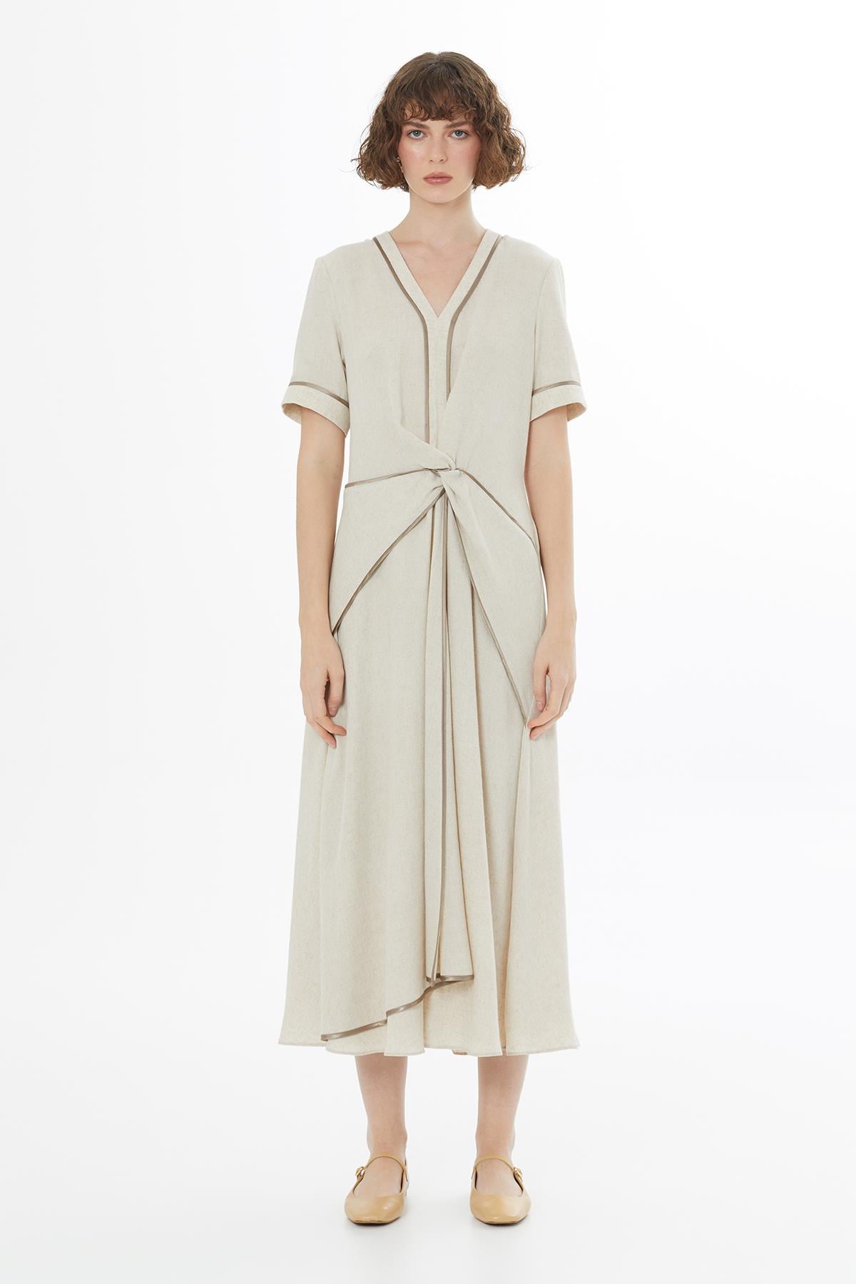 Beige Piped Detail Linen Maxi Dress