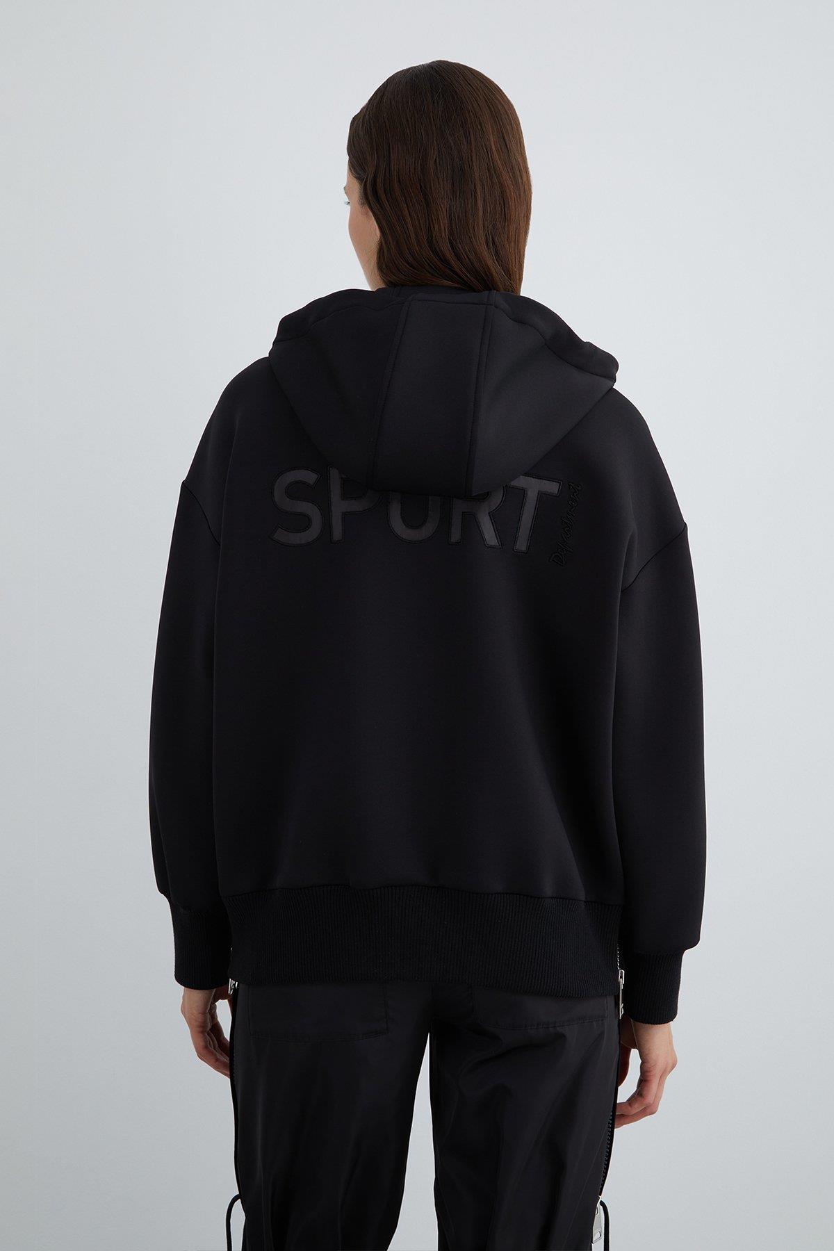 Black Detachable Hood Hoodie Jacket with Embroidery Detail on the Back