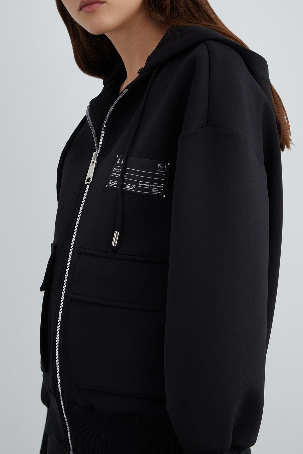 Black Detachable Hood Hoodie Jacket with Embroidery Detail on the Back