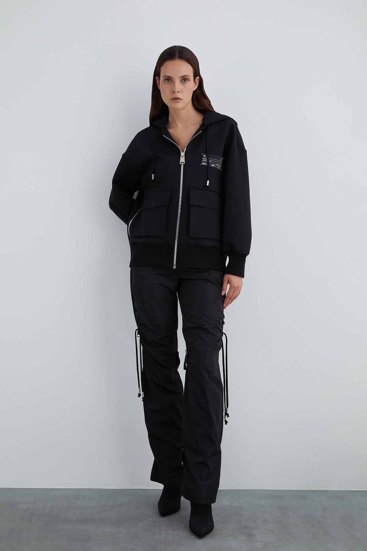 Black Detachable Hood Hoodie Jacket with Embroidery Detail on the Back