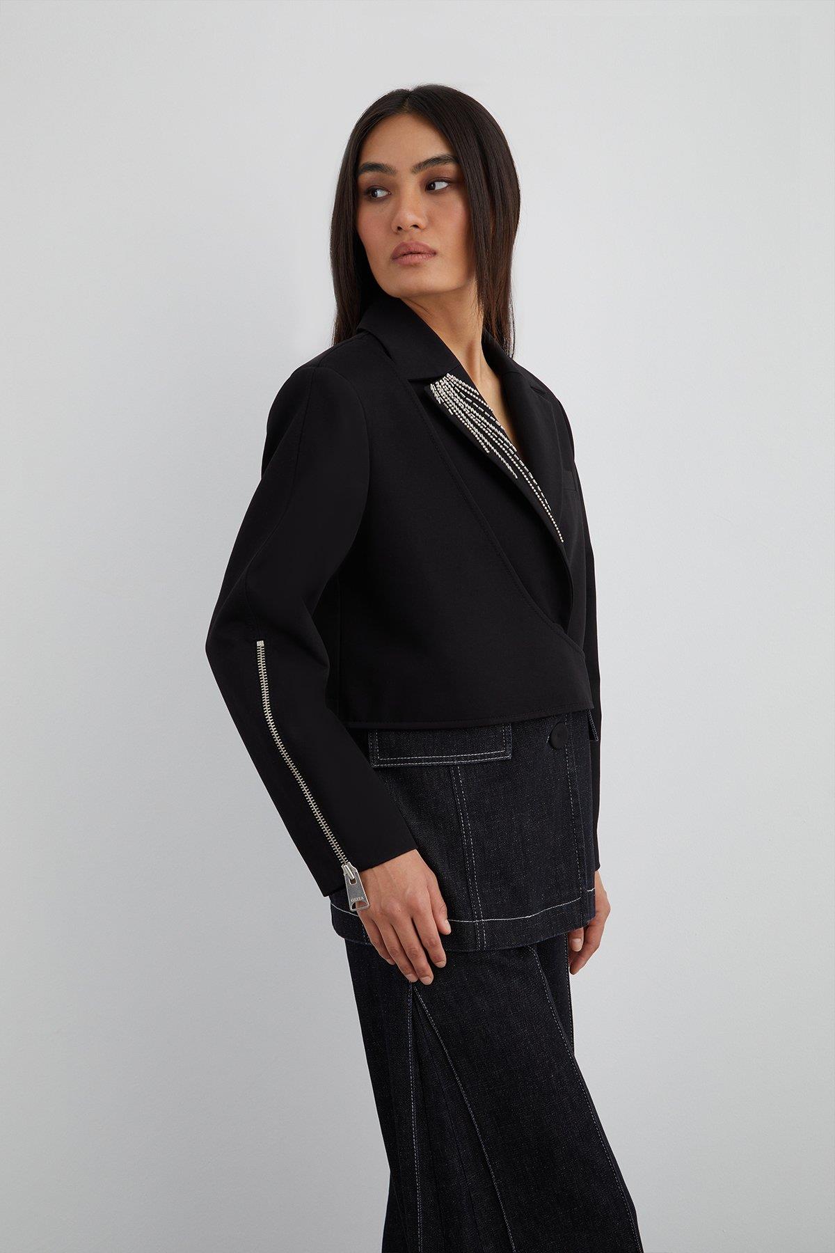 Black Jacket with Embroidery Detail on the Collar