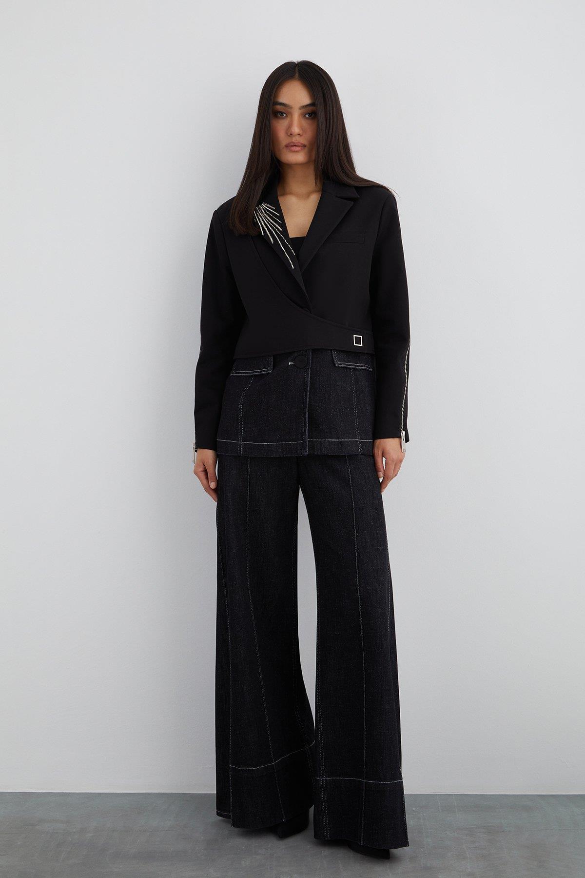 Black Jacket with Embroidery Detail on the Collar