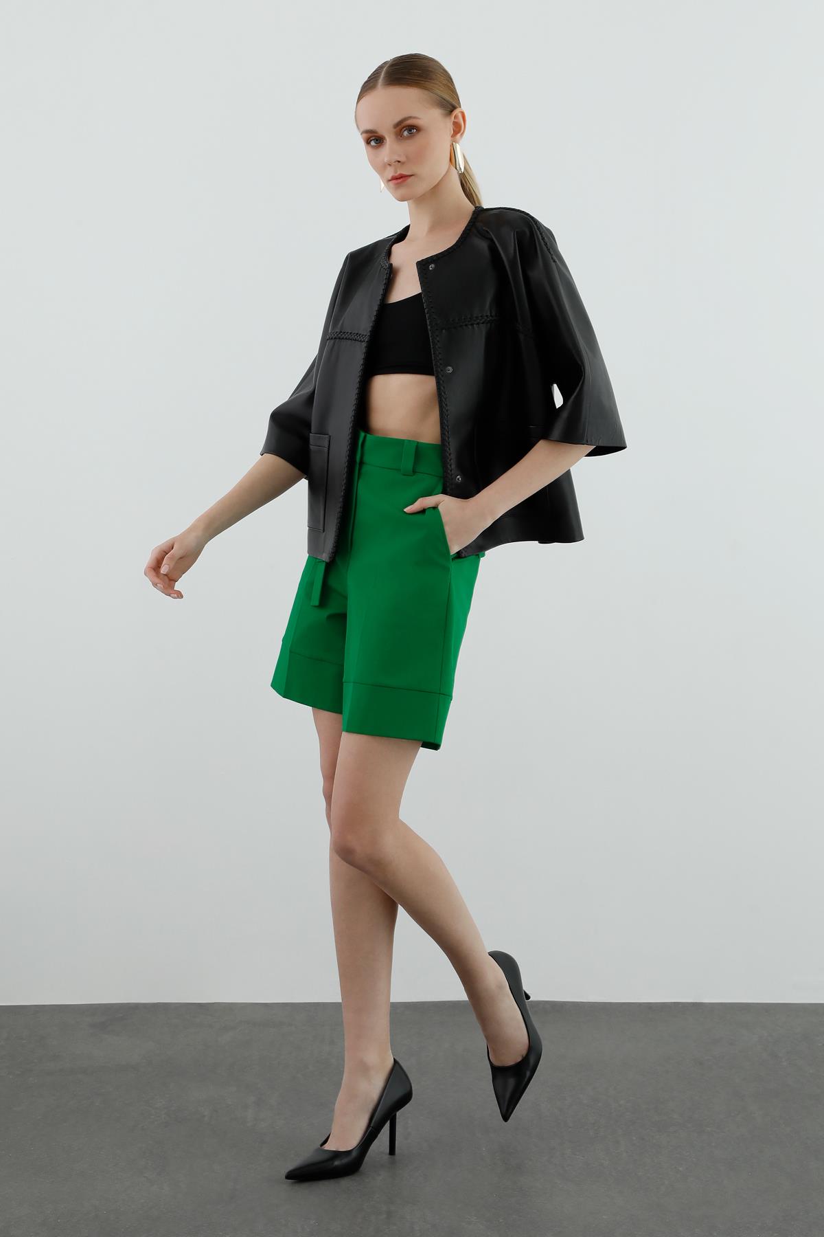 Black Leather Jacket with Zipper Closure Detail