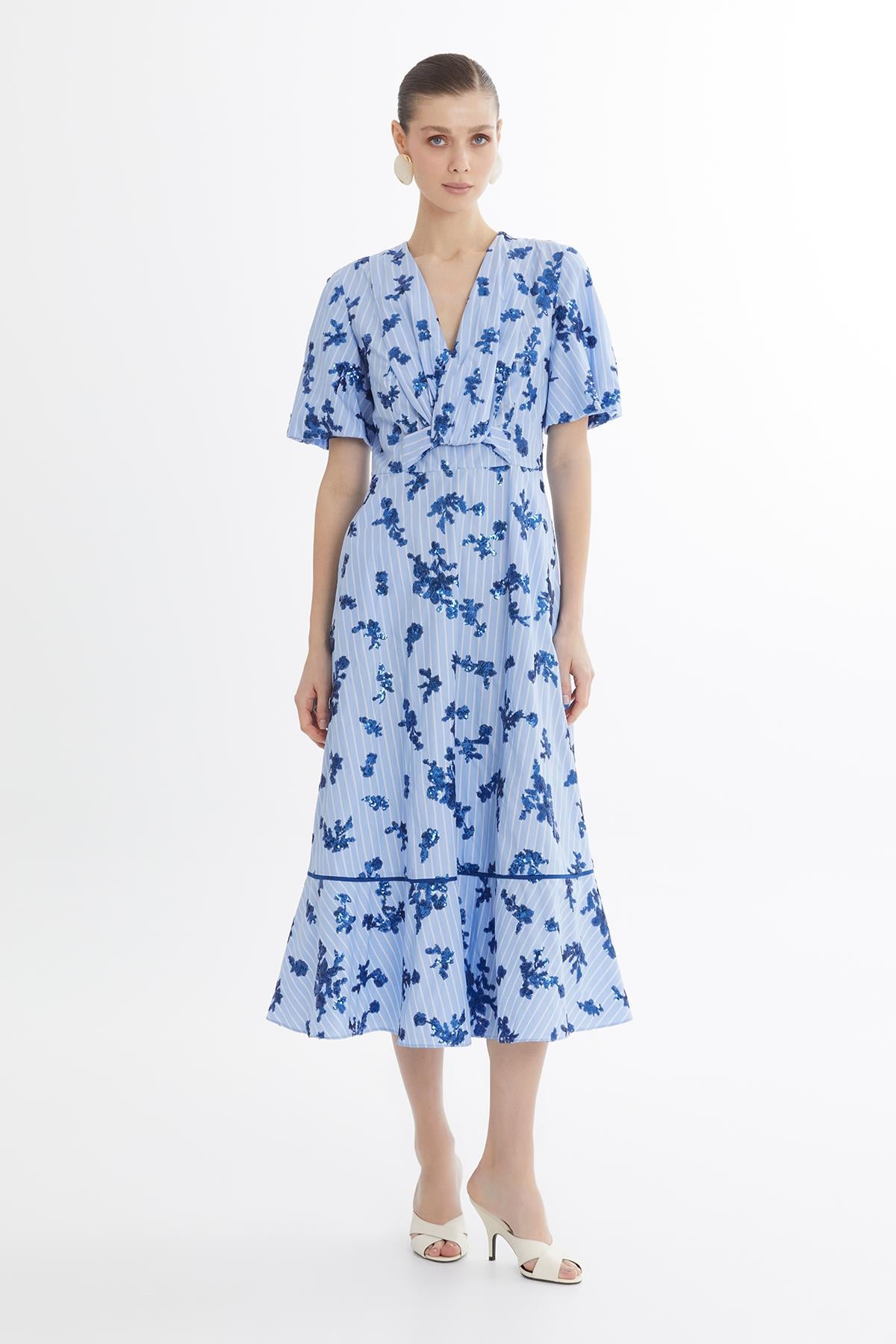 Blue Balloon Sleeve Sequin Poplin Dress