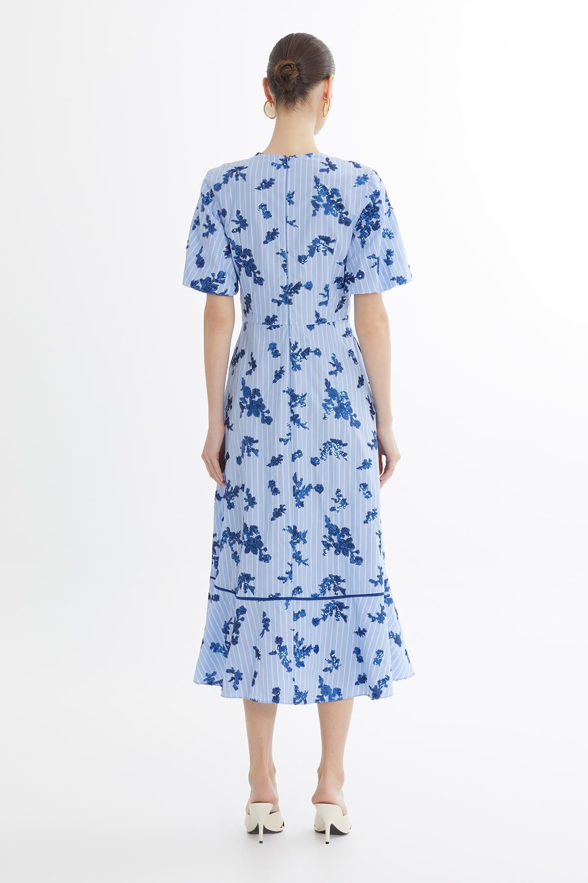 Blue Balloon Sleeve Sequin Poplin Dress