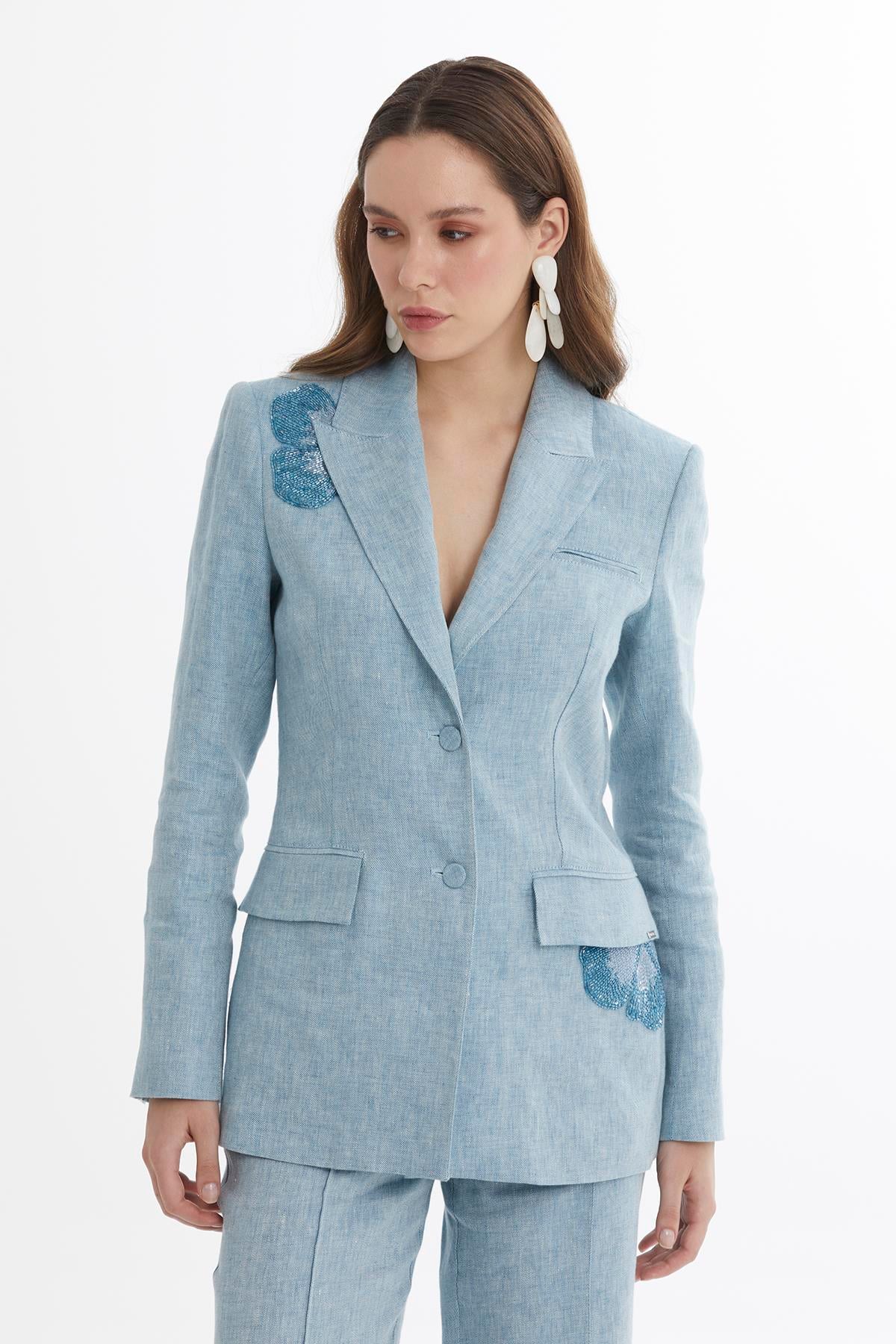 Blue Beaded Floral Appliqué Linen Jacket